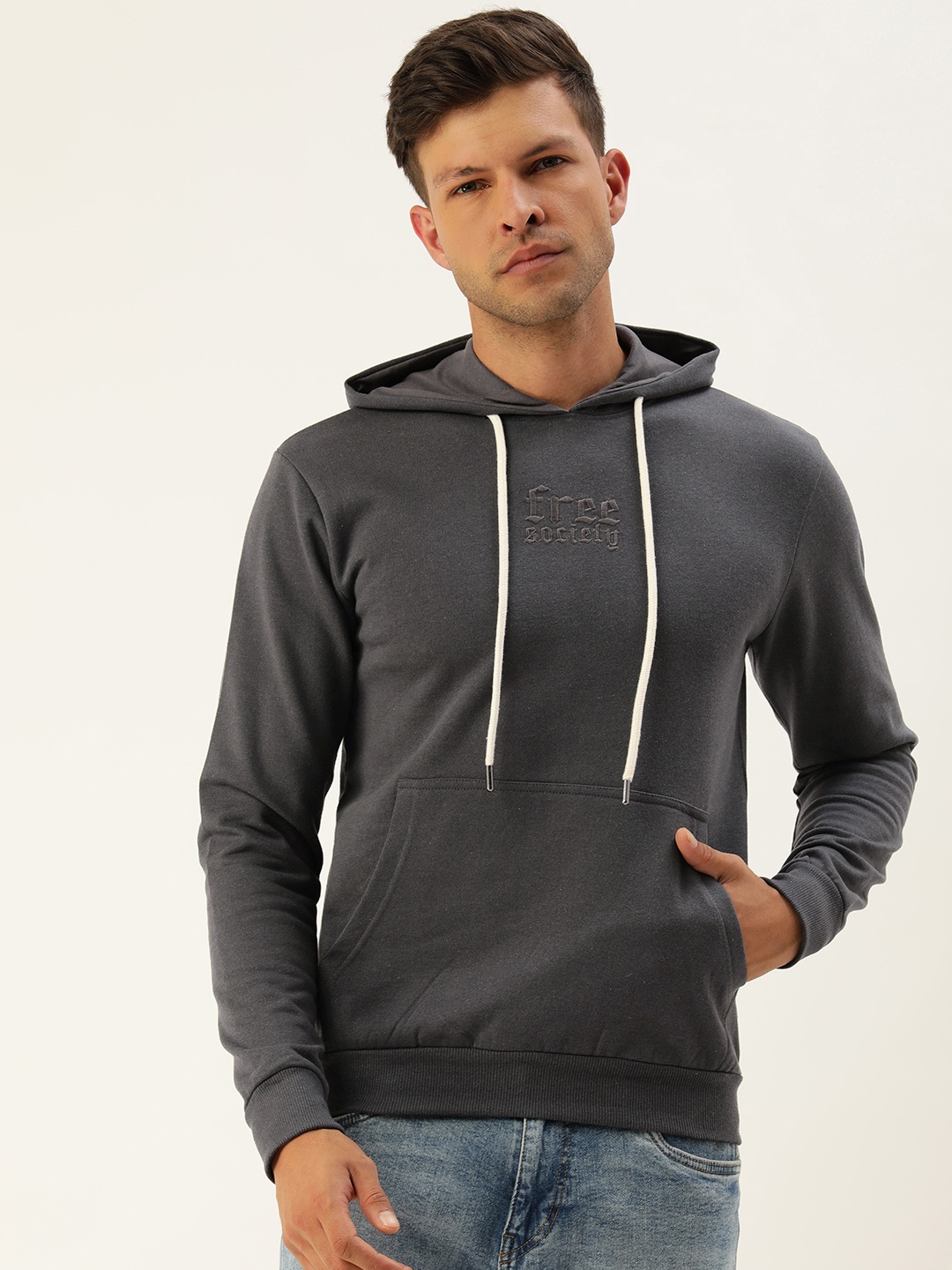 

FREE SOCIETY Men Embroidered Kangaroo Pocket Fleece Hooded Sweatshirt, Grey