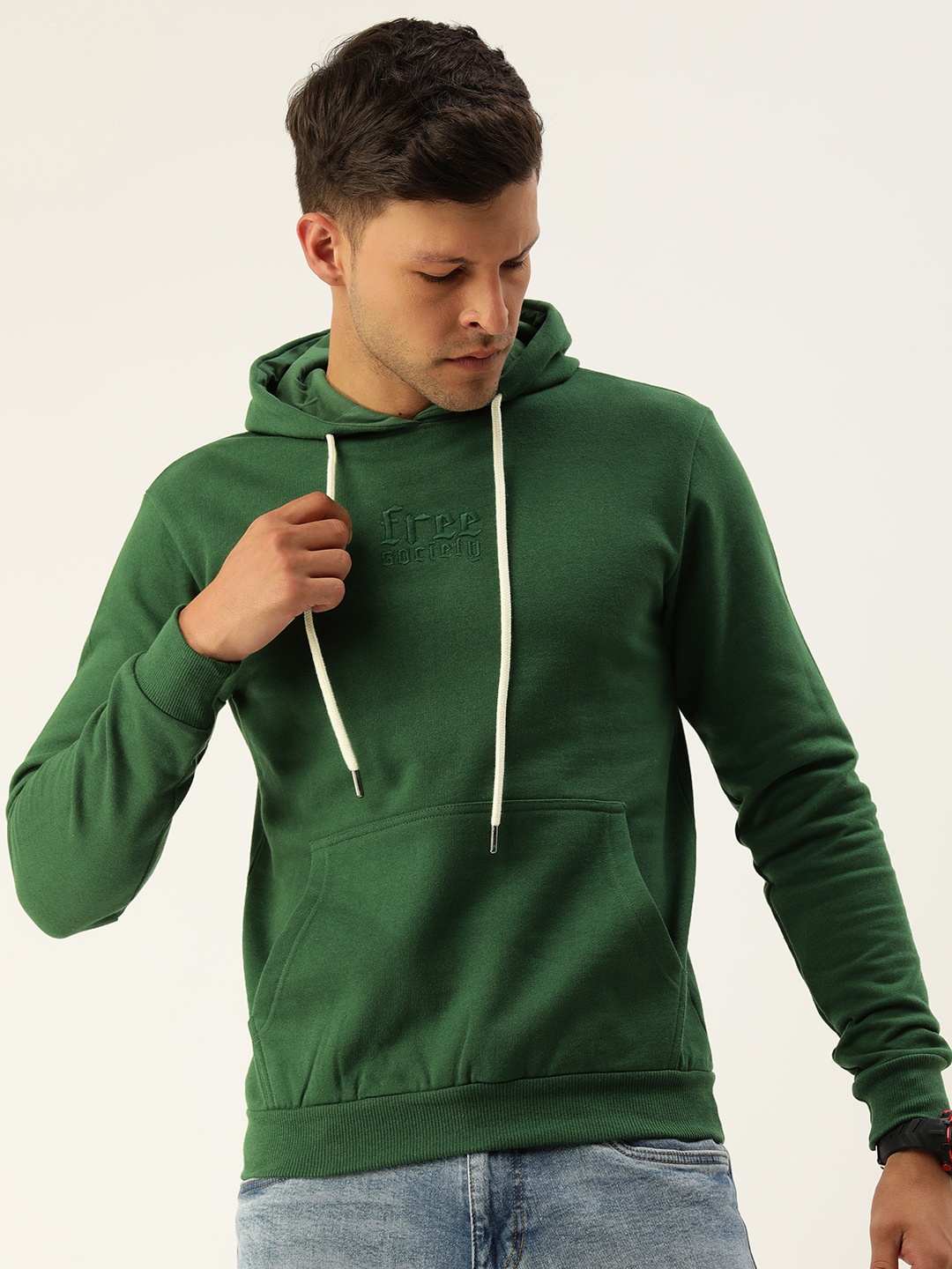 

FREE SOCIETY Men Embroidered Kangaroo Pocket Fleece Hooded Sweatshirt, Green