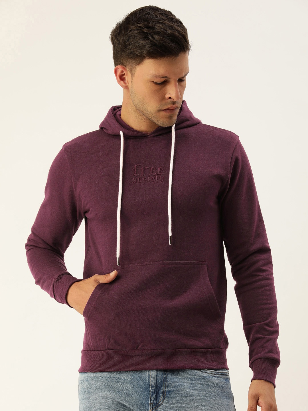 

FREE SOCIETY Men Embroidered Kangaroo Pocket Fleece Hooded Sweatshirt, Maroon