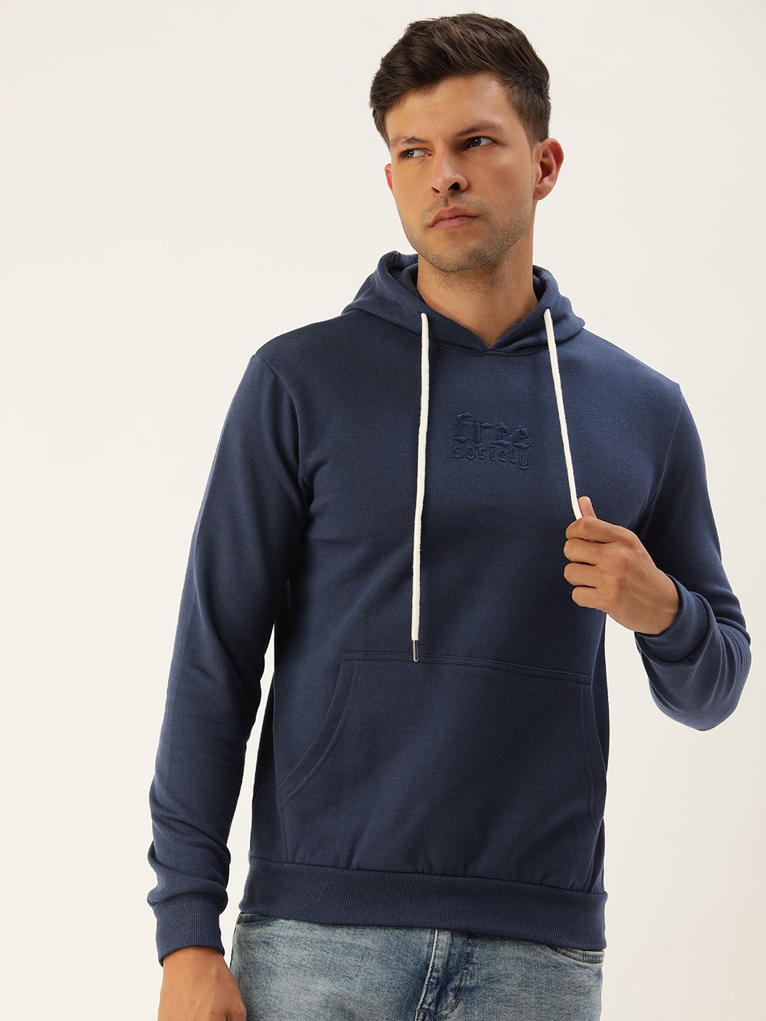 

FREE SOCIETY Men Embroidered Kangaroo Pocket Fleece Hooded Sweatshirt, Navy blue