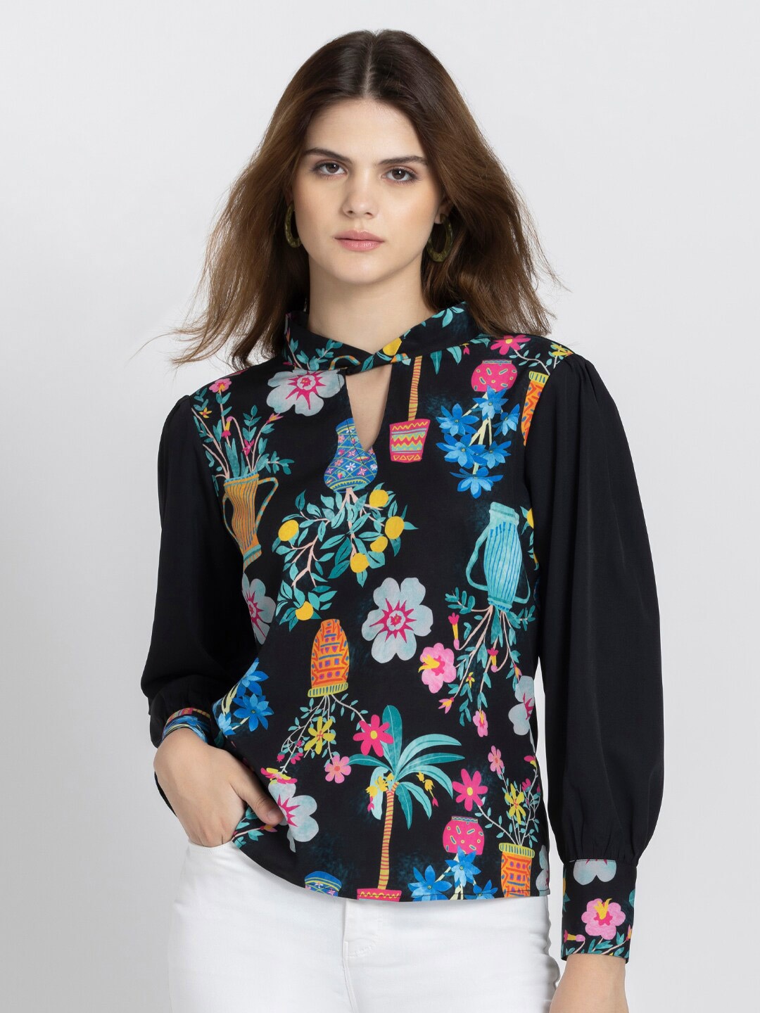 

SHAYE Floral Printed Top, Black