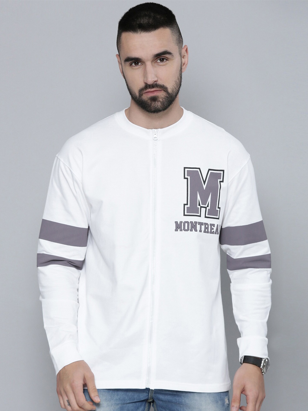 Maniac Typography Printed Front Zipper Cotton T-shirt, White
