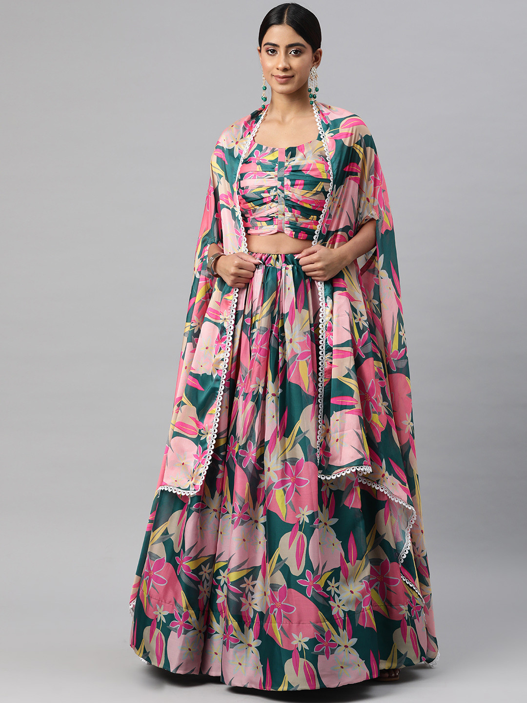 

Readiprint Fashions Printed Ready to Wear Lehenga Choli with Jacket, Green