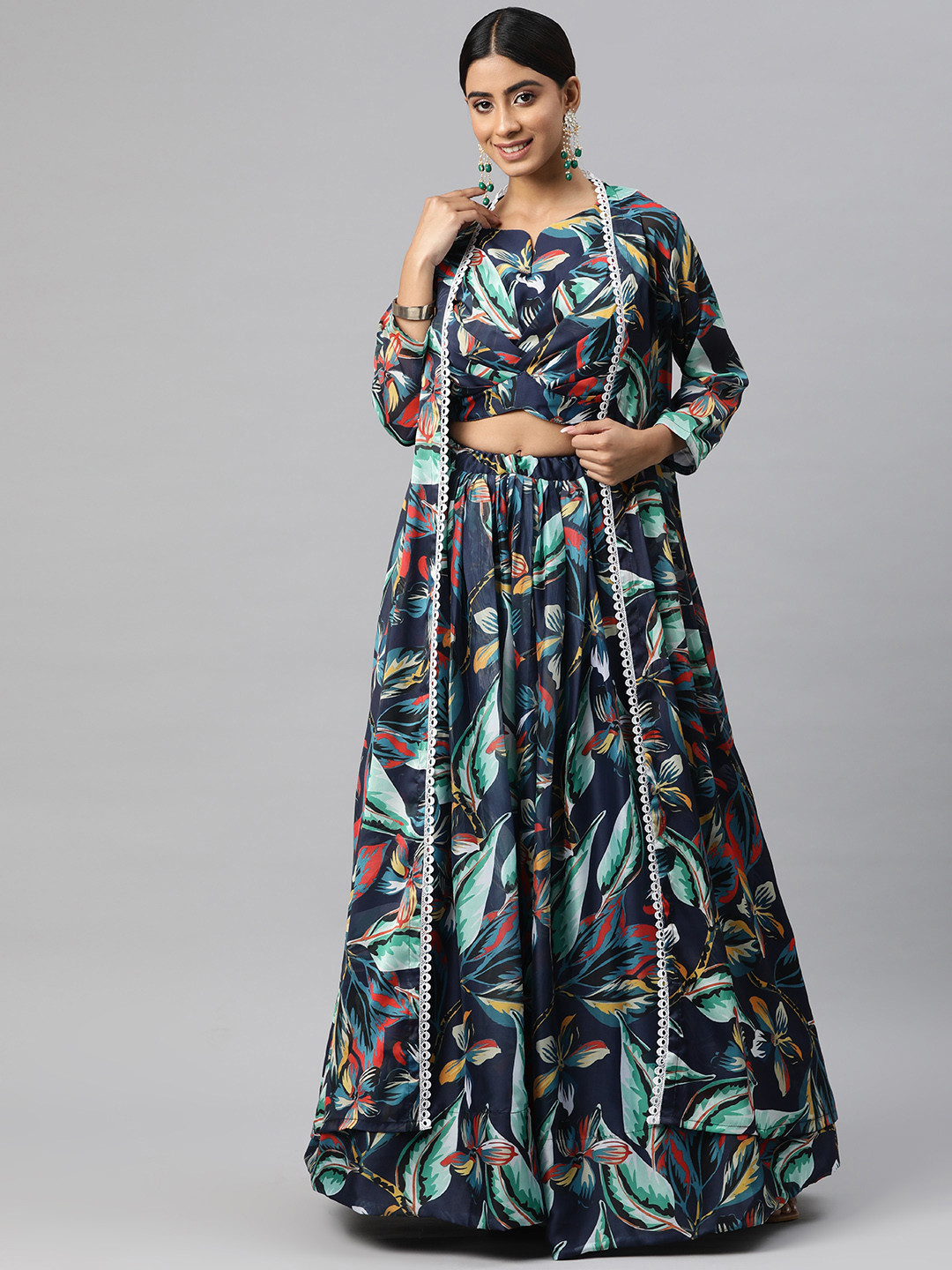 

Readiprint Fashions Printed Ready to Wear Lehenga Choli with Jacket, Navy blue