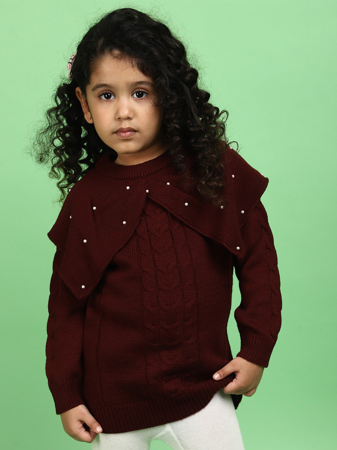 

V-Mart Girls Cable Knit Self Design Embellished Acrylic Pullover Sweater, Maroon