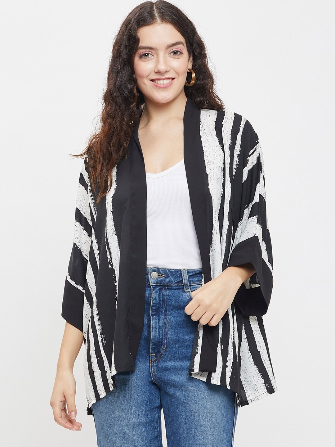 

Ruhaans Striped Open Front Shrug, Black