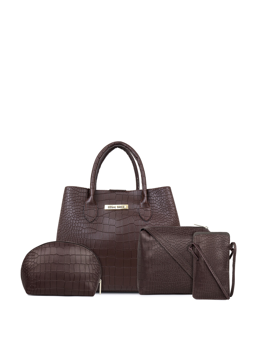 

LEGAL BRIBE Set Of 4 Textured PU Structured Handheld Bag, Brown