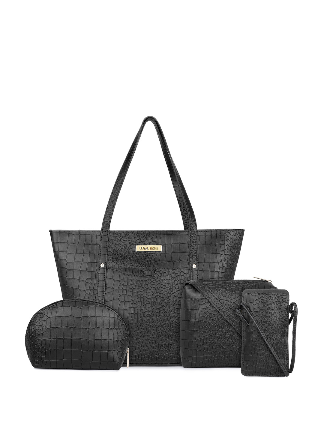

LEGAL BRIBE Set Of 4 Textured PU Structured Tote Bag, Black