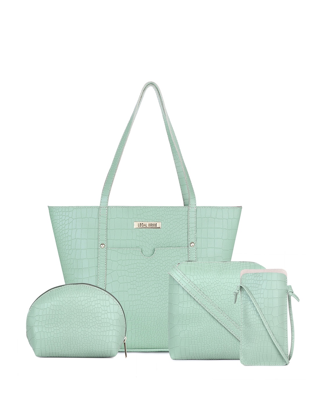 

LEGAL BRIBE Set Of 4 Textured Structured Handheld Bag, Green