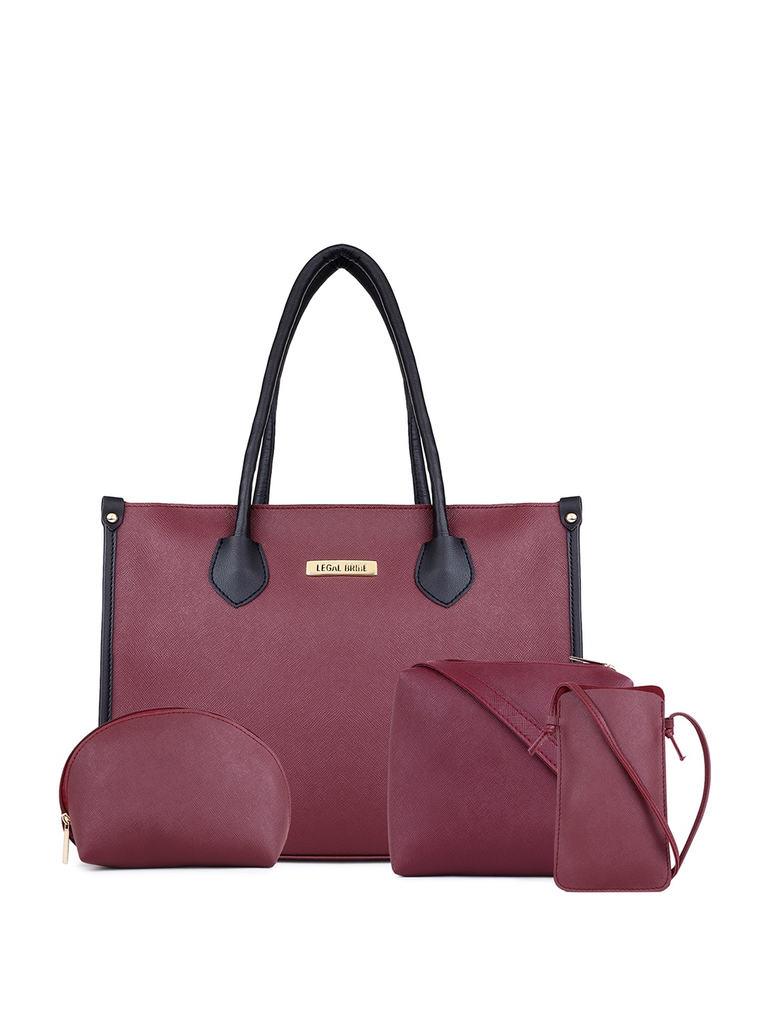 

LEGAL BRIBE Set Of 4 Textured PU Structured Handheld Bag, Maroon