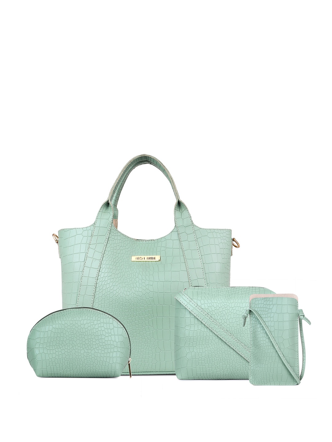 

LEGAL BRIBE Set Of 4 Textured PU Structured Handheld Bag, Green