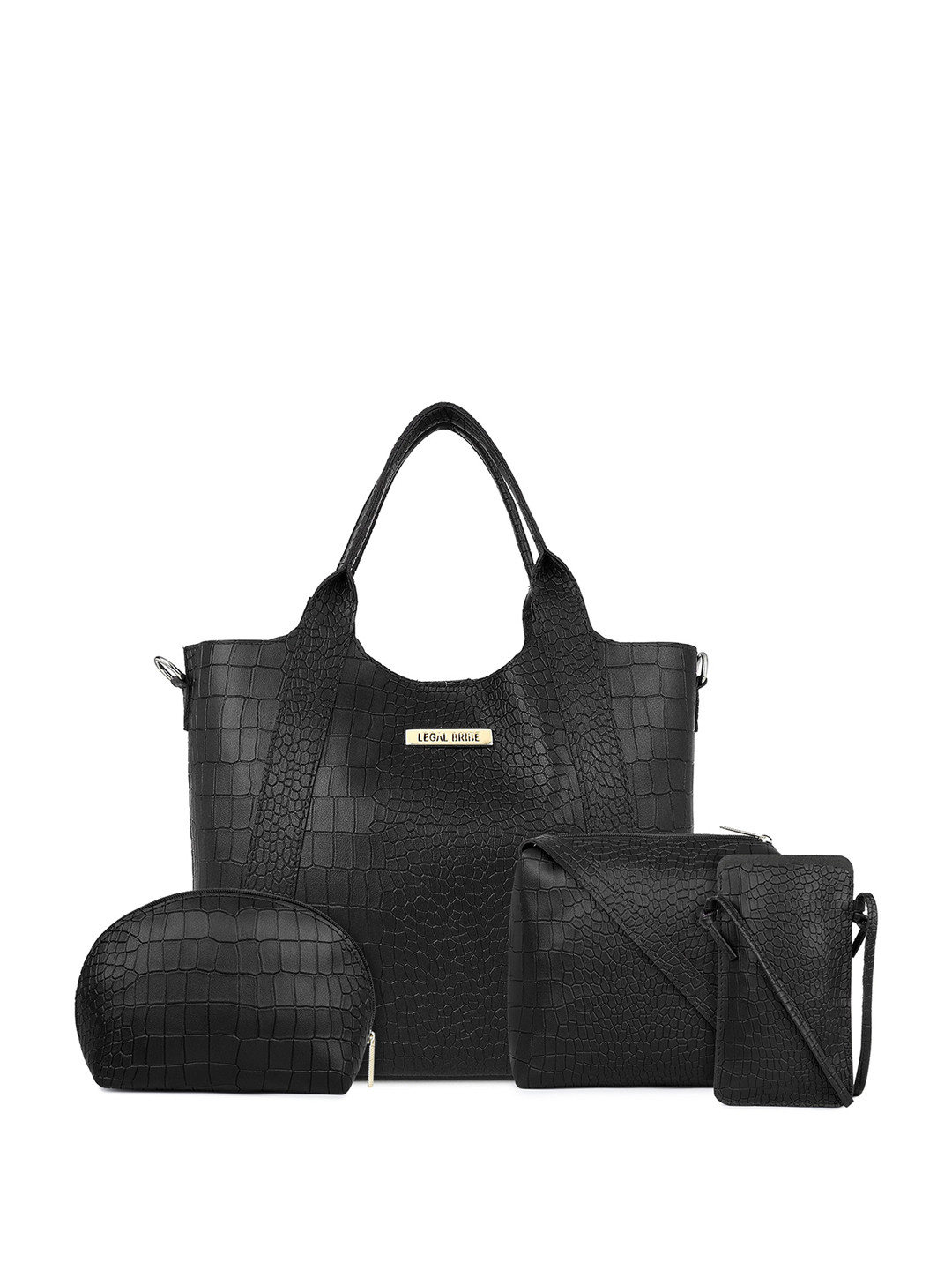 

LEGAL BRIBE Set Of 4 Textured PU Structured Handheld Bag, Black