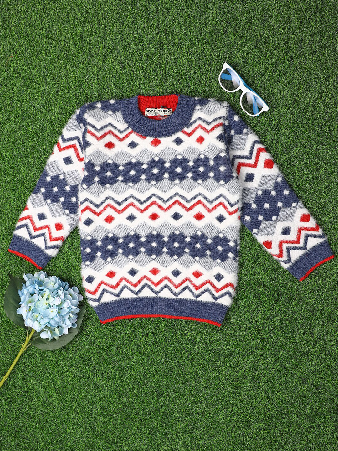 

V-Mart Boys Geometric Self Design Cotton Pullover Sweater, Blue