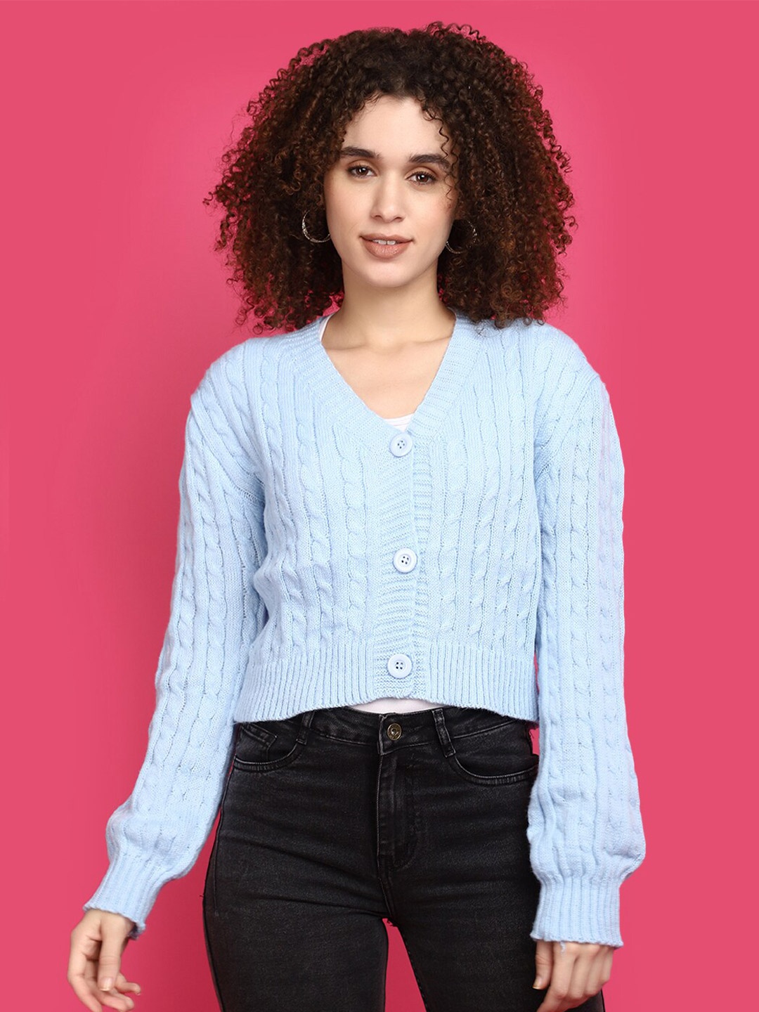 

V-Mart Self Design V-Neck Crop Front Open Sweatshirt, Blue
