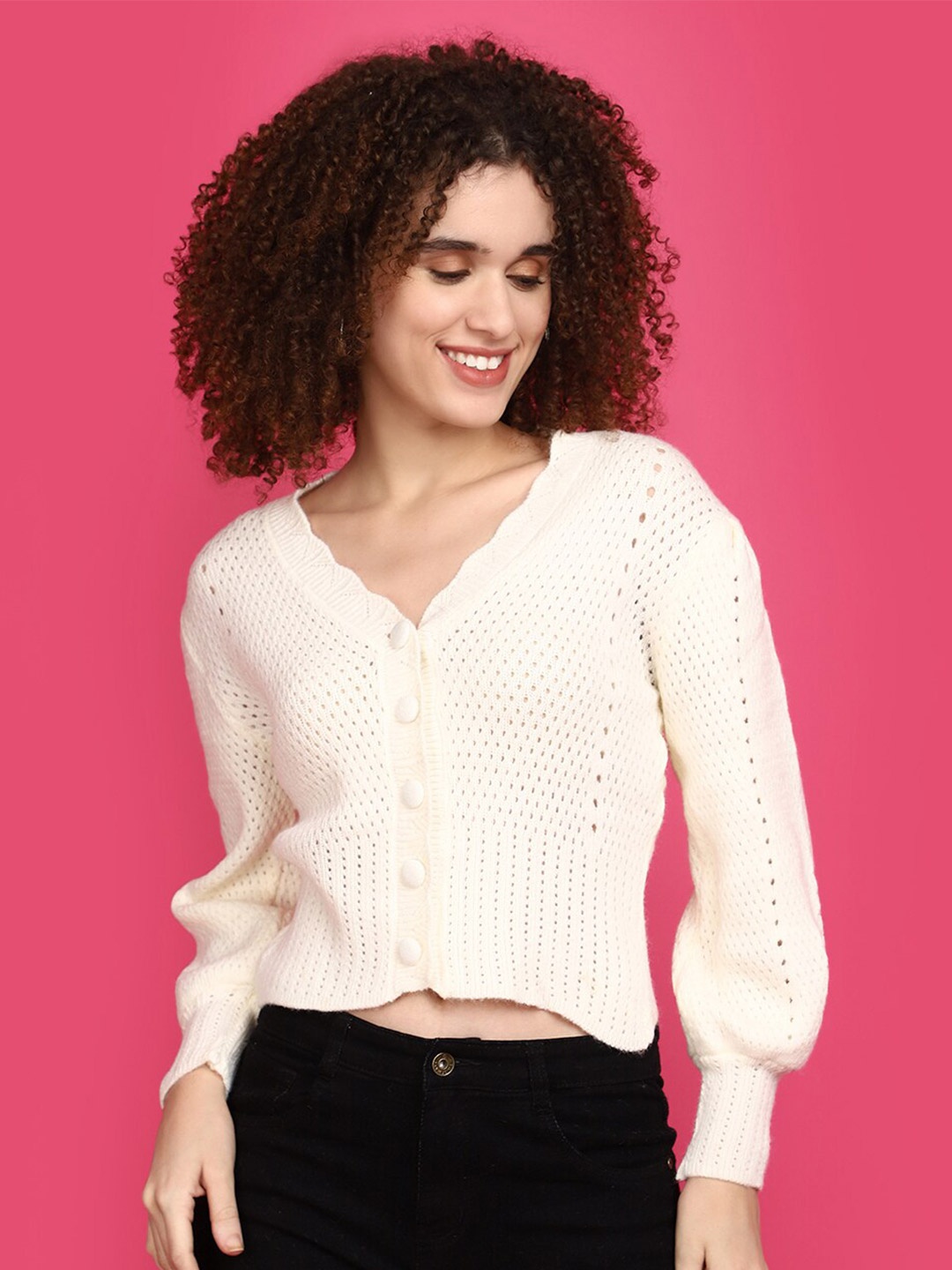 

V-Mart Self Design Long Sleeves Crop Front-Open, White