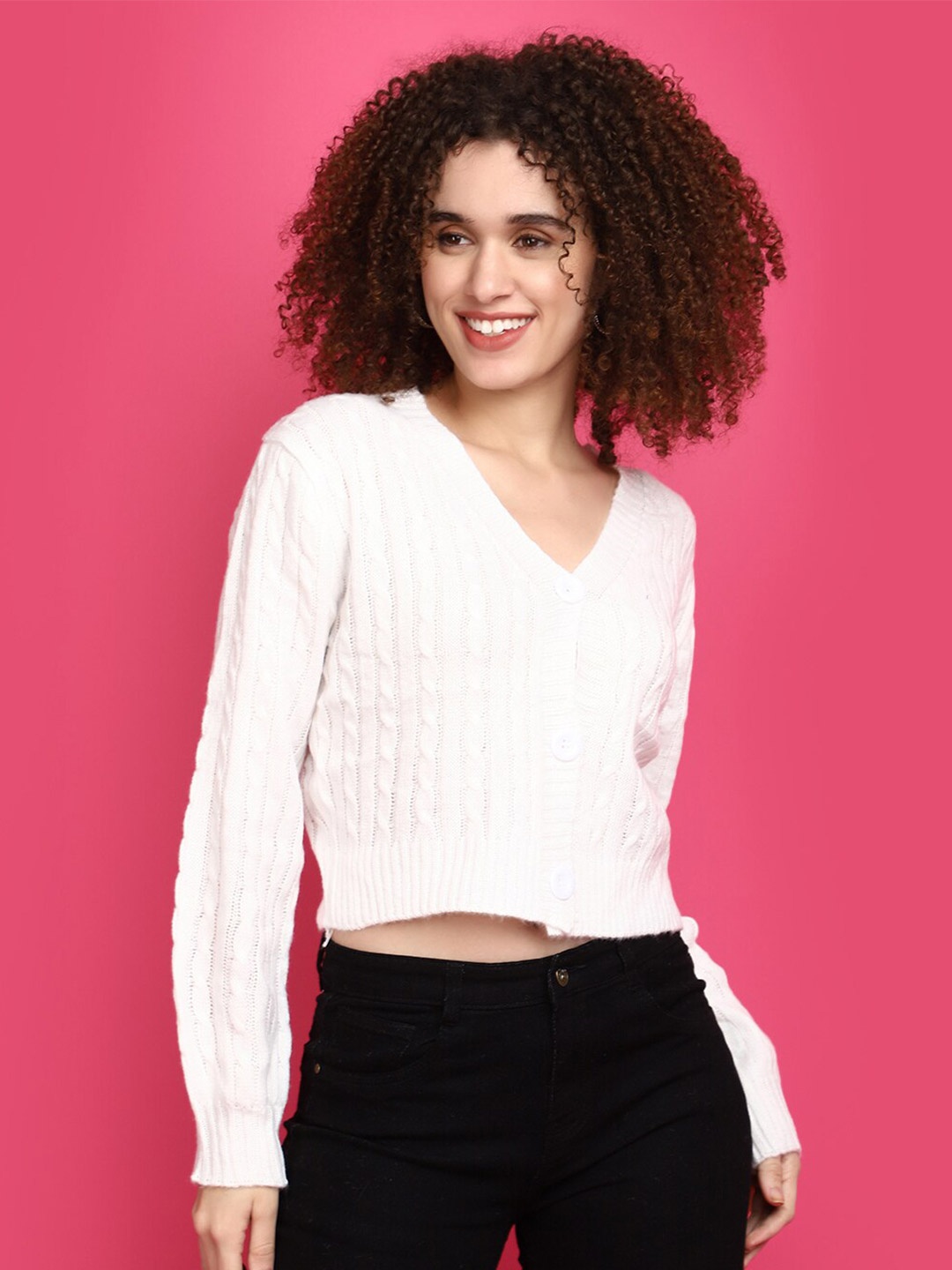 

V-Mart Self Design Cable Knit Cotton Crop Cardigan Sweater, White