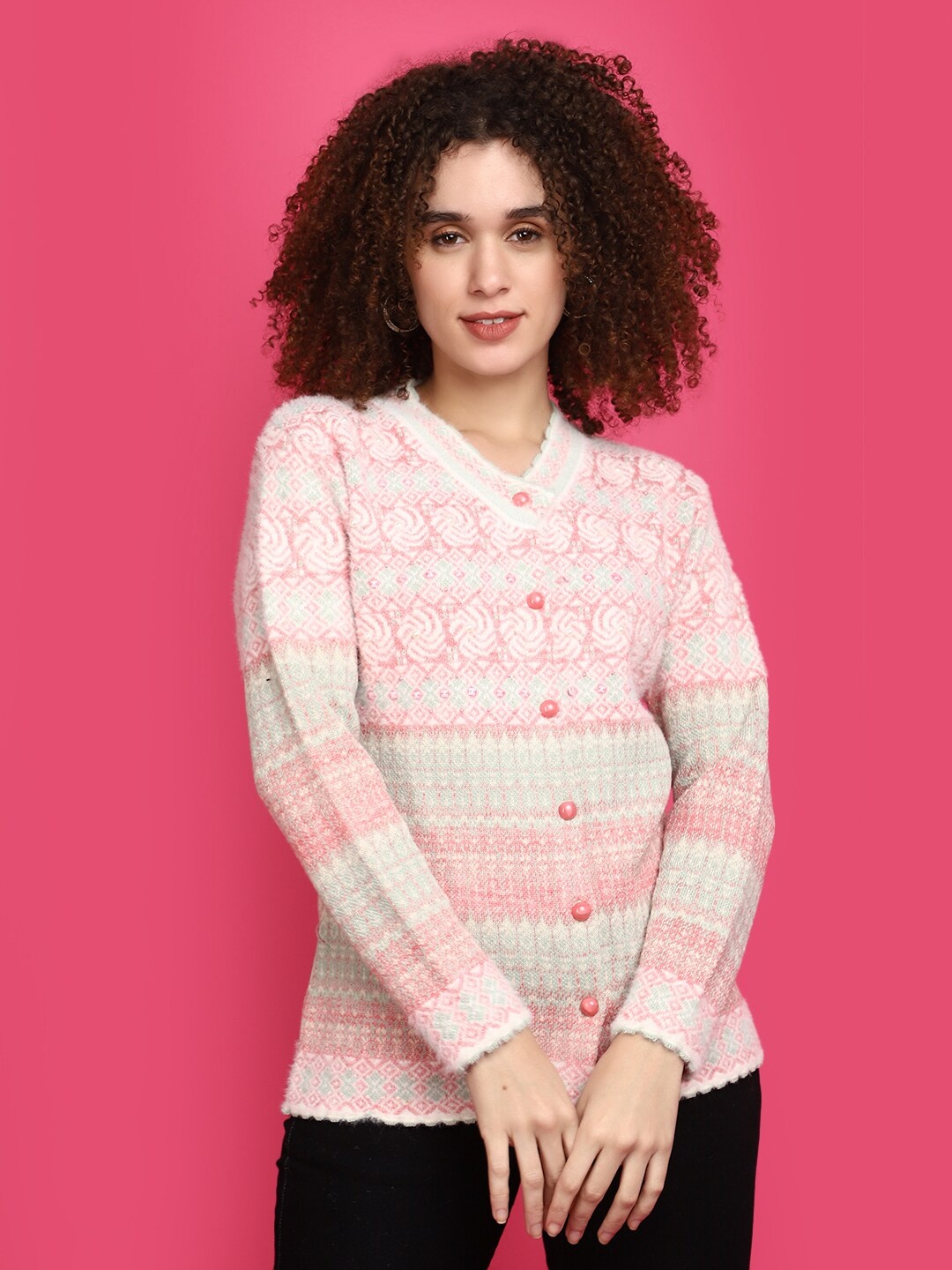 

V-Mart Ethnic Self Design V Neck Cardigan, Peach