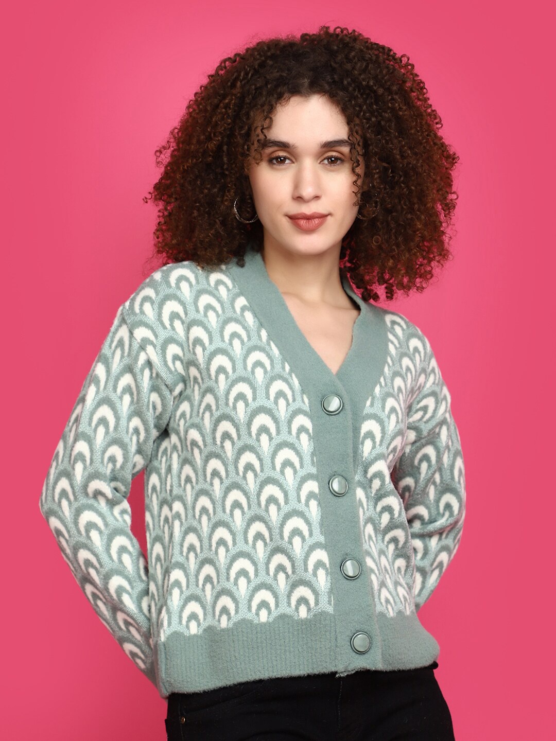 

V-Mart Floral Self Design Cotton Cardigan Sweater, Grey