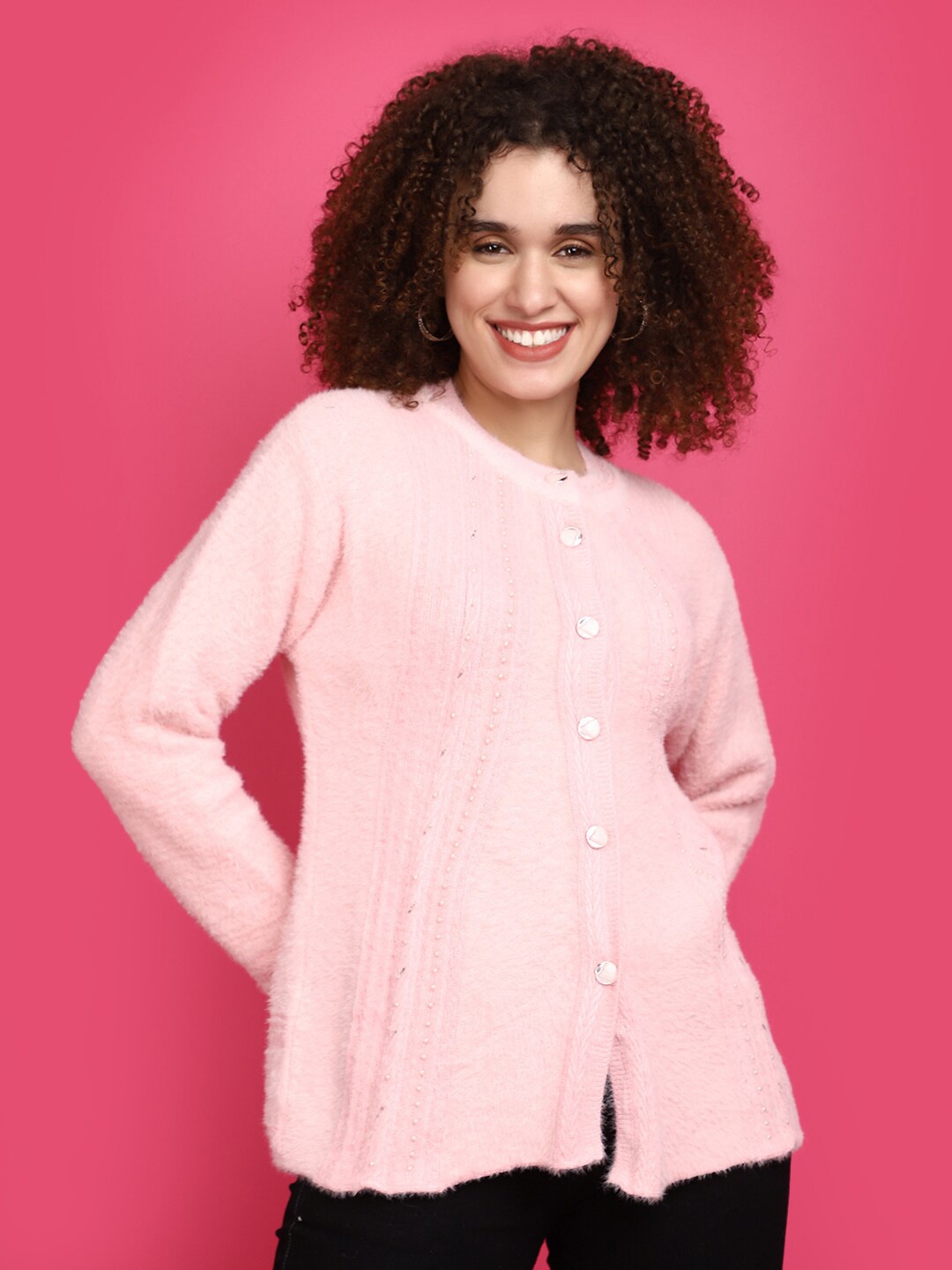 

V-Mart Self Design Embellished Front Open Sweatshirt, Pink