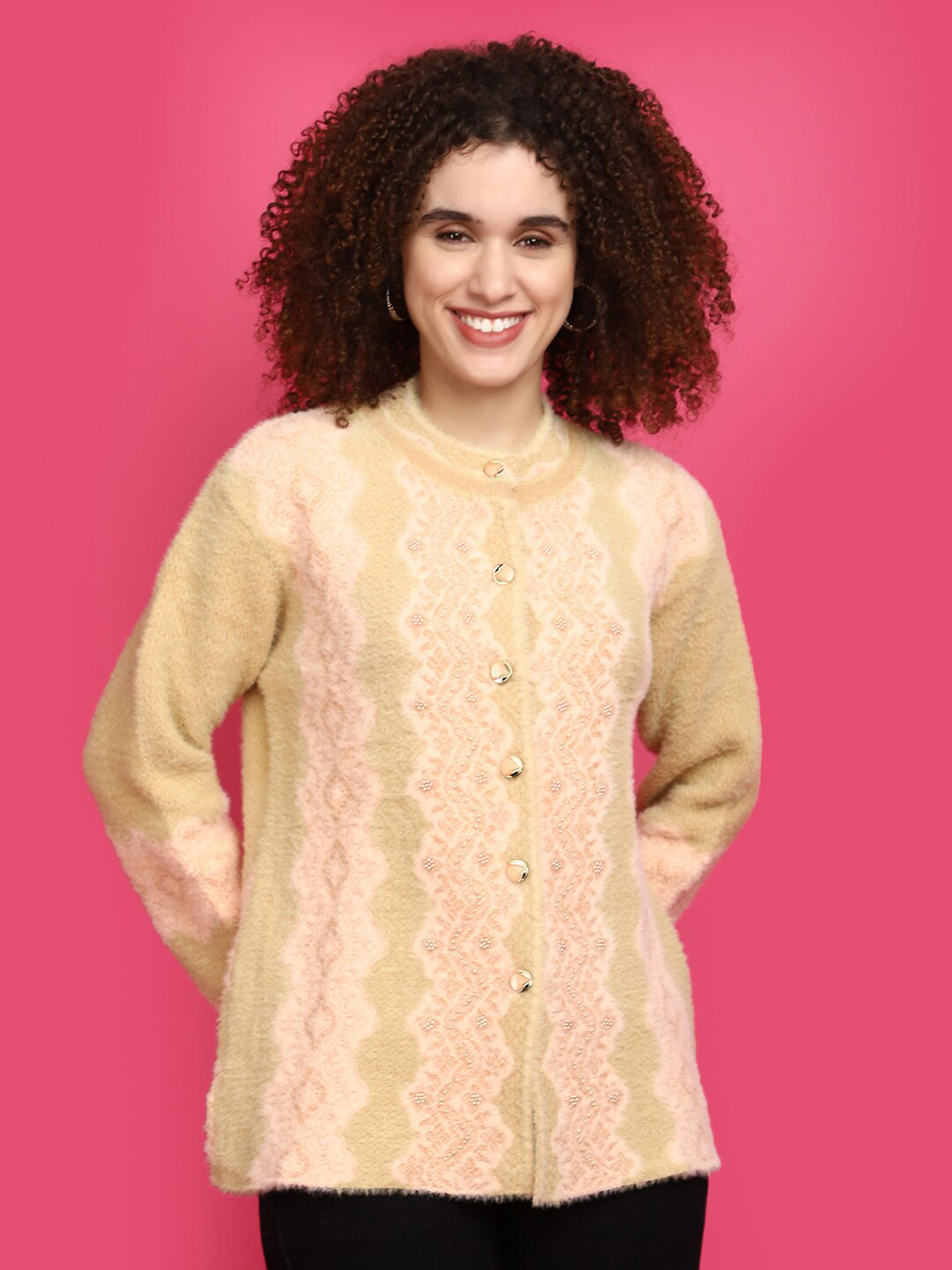 

V-Mart Geometric Self Design Cotton Cardigan Sweater, Peach