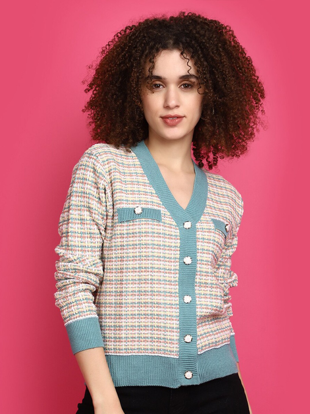 

V-Mart Self Design V-Neck Front Open Sweatshirt, Teal