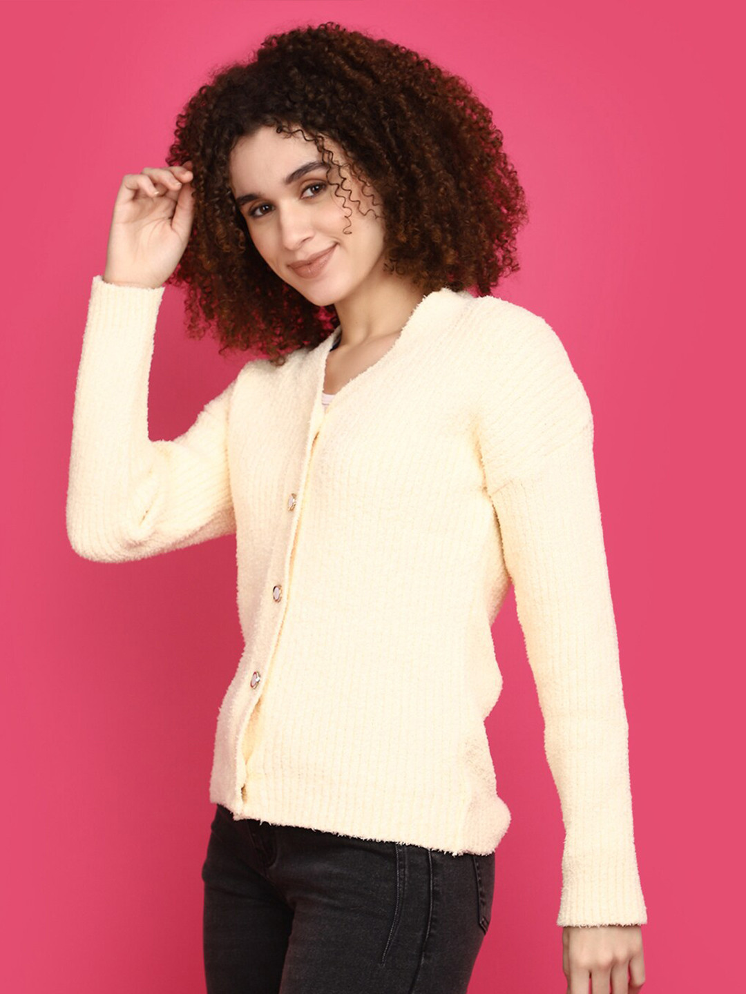 

V-Mart V-Neck Front Open Sweatshirt, Cream