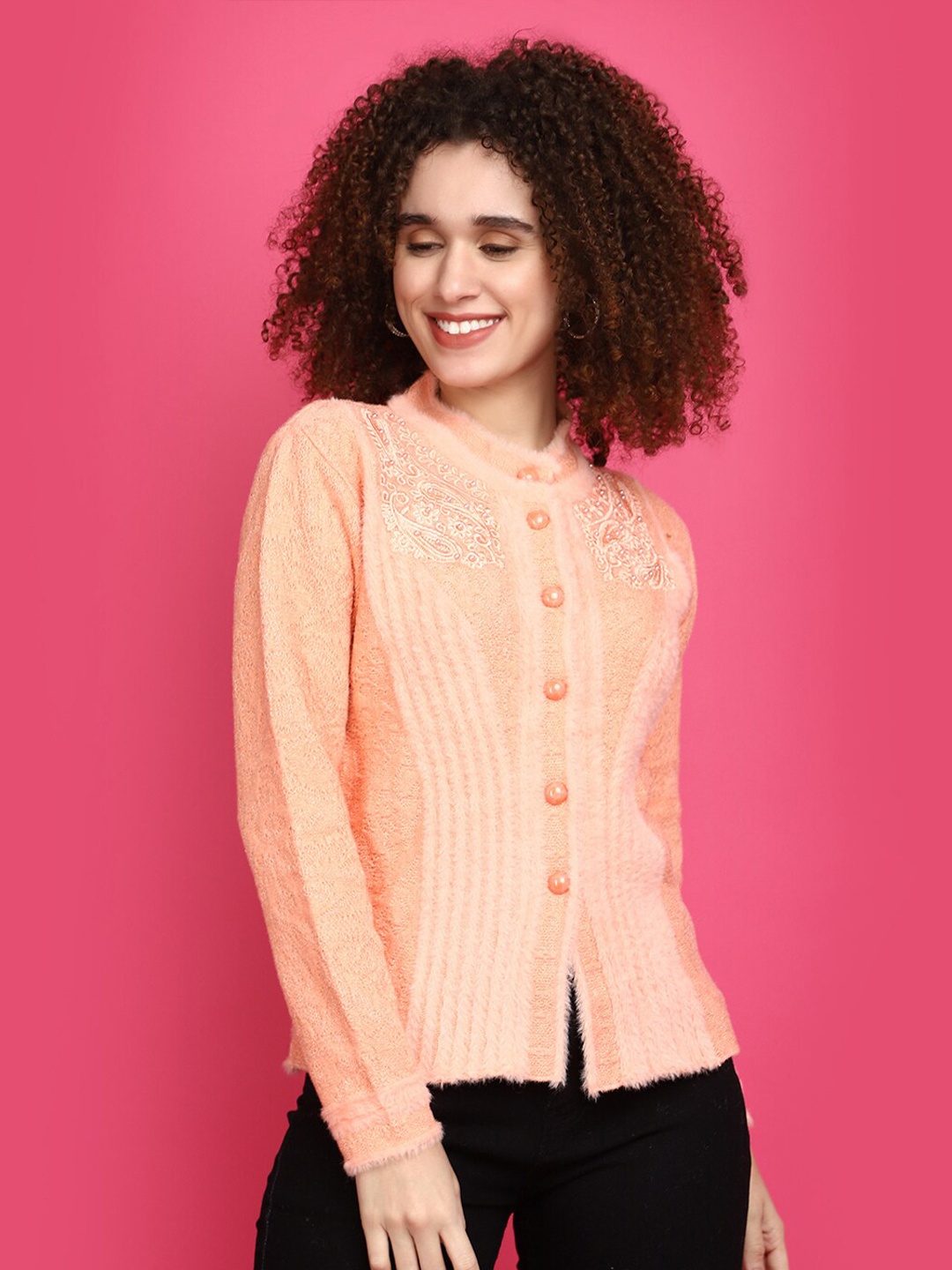 

V-Mart Self Design Long Sleeves Front-Open, Peach
