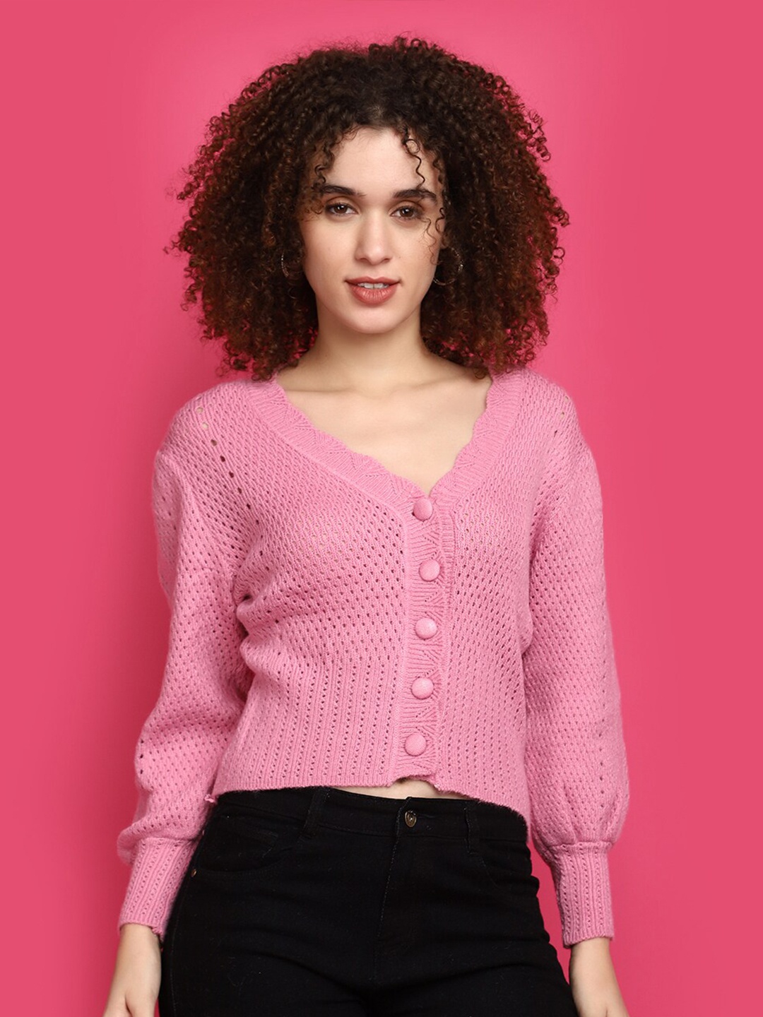 

V-Mart Open Knit Self Design Cardigan Sweater, Pink