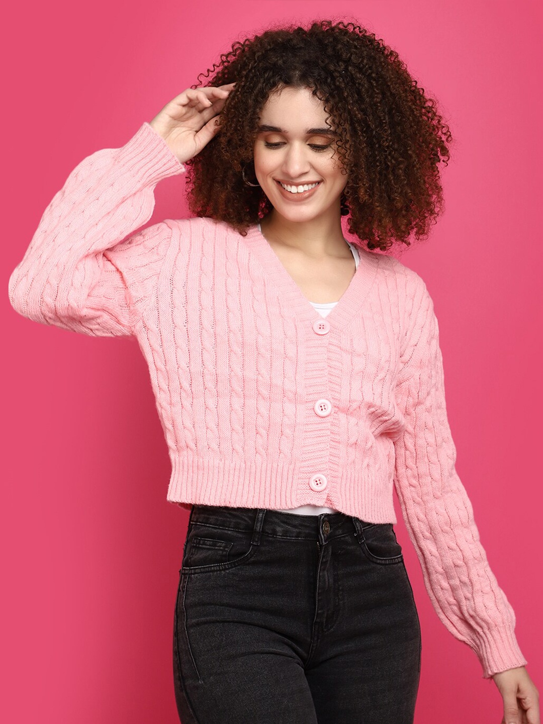 

V-Mart Self Design Cable Knit Cotton Crop Cardigan Sweater, Pink