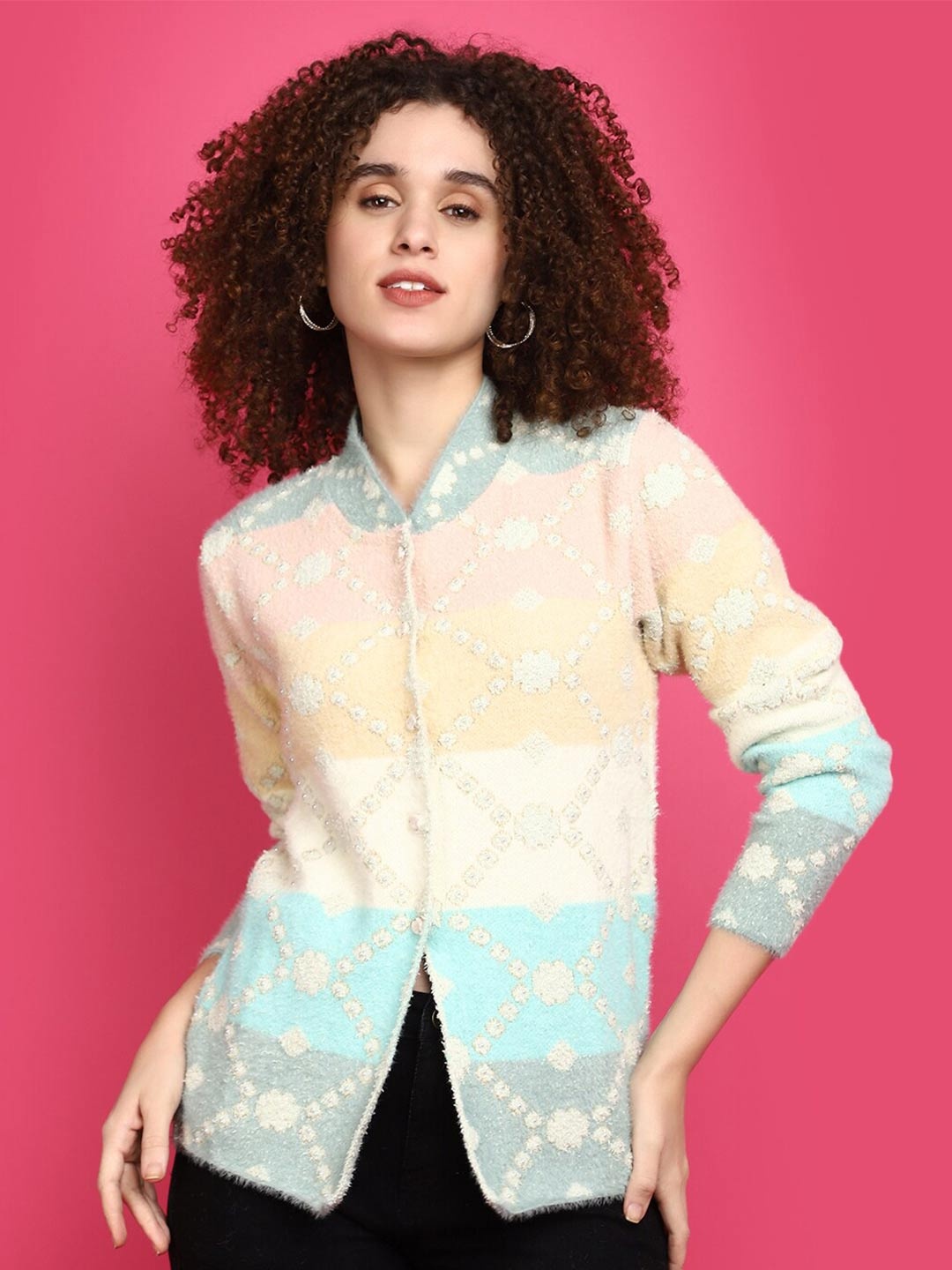 

V-Mart Self Design Mandarin Collar Embellished Front Open Sweatshirt, Beige