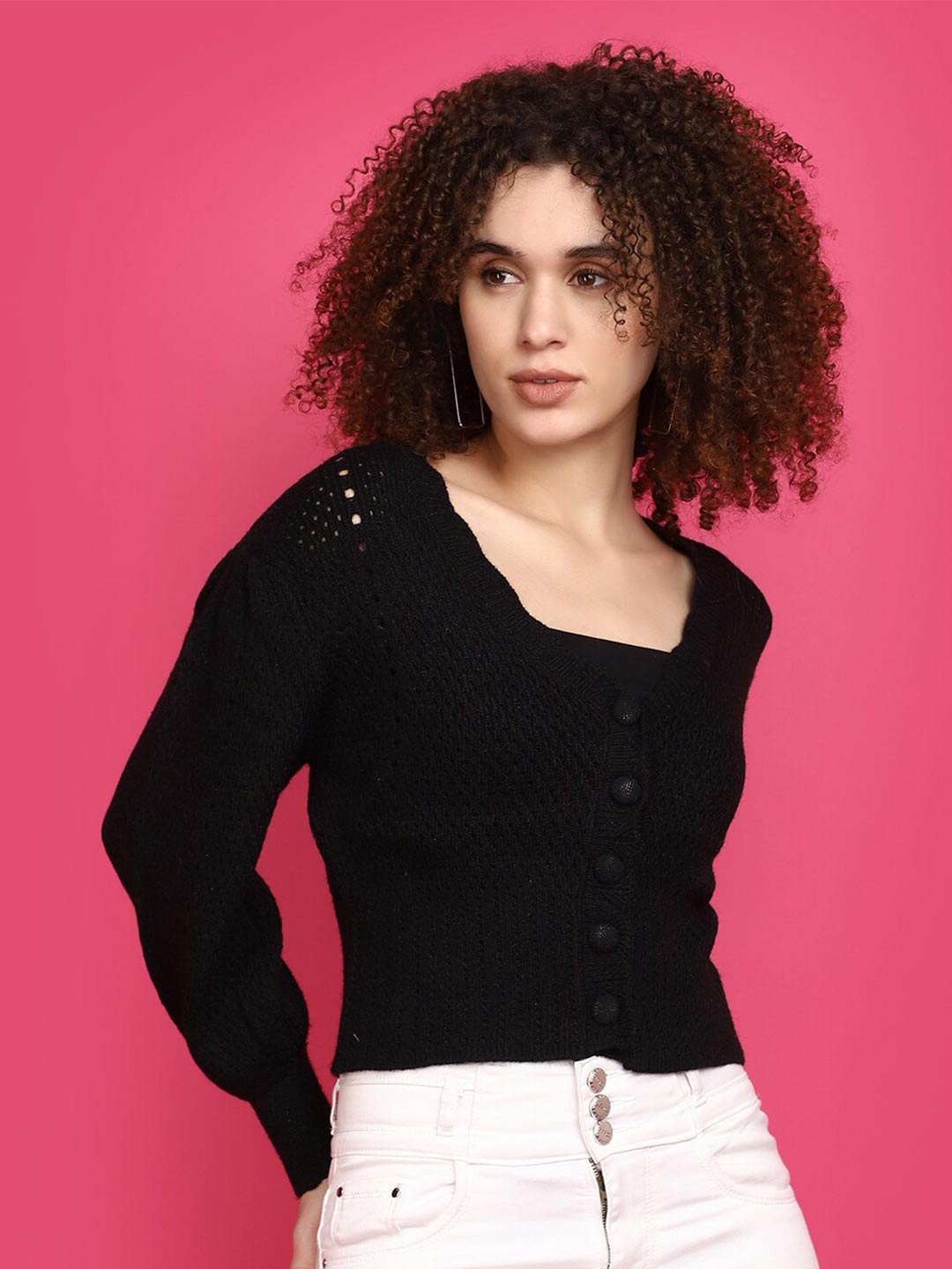 

V-Mart Self Design V Neck Cardigan Sweatshirt, Black