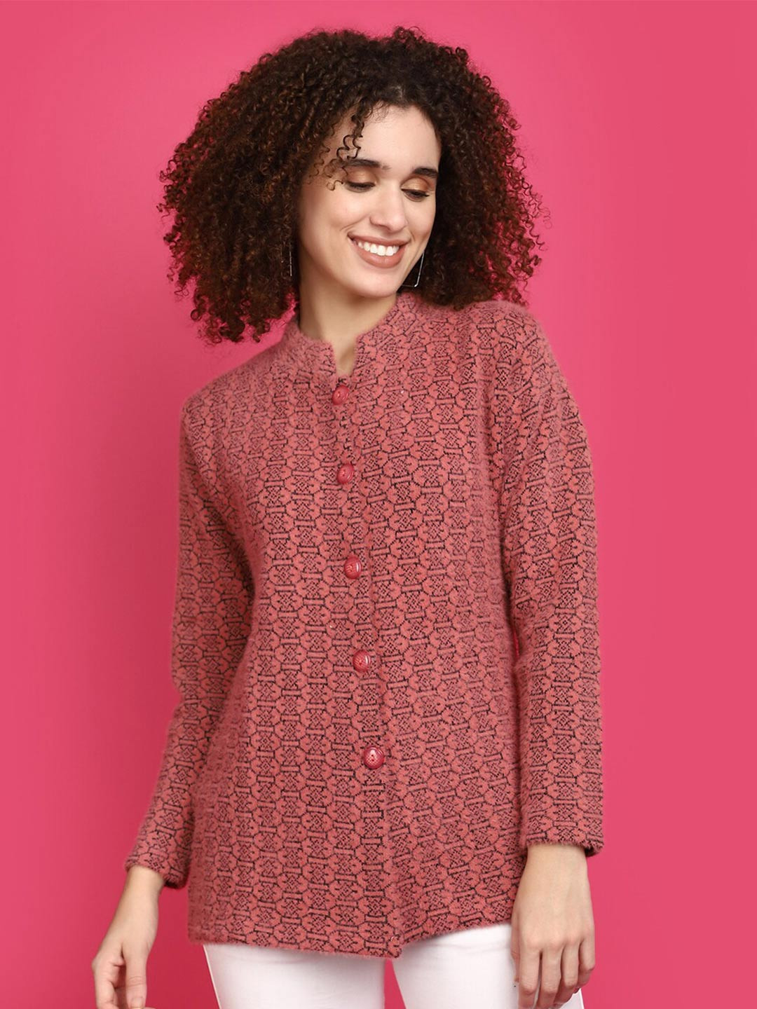 

V-Mart Geometric Printed Mandarin Collar Front Open Sweatshirt, Pink