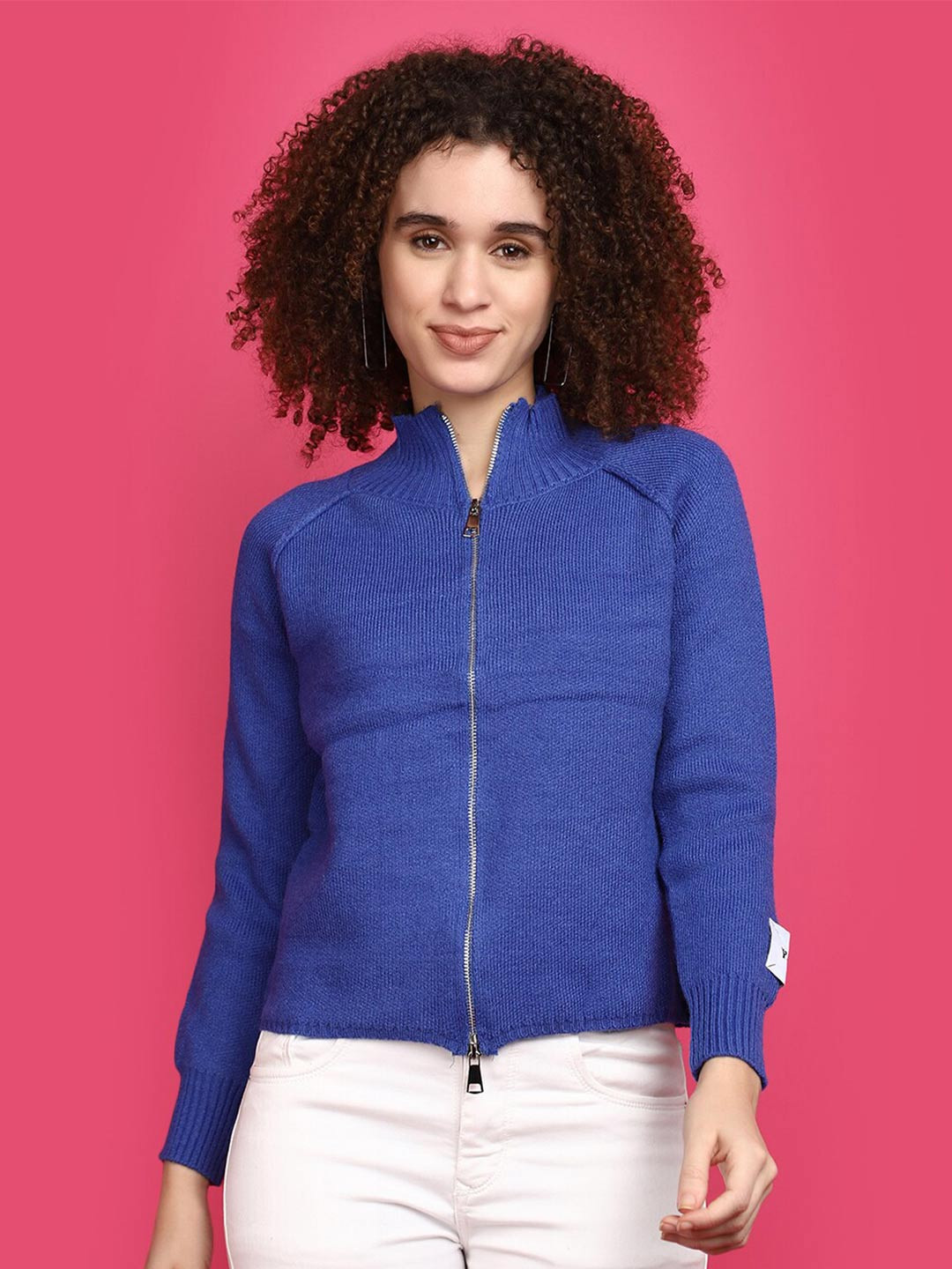 

V-Mart Open Knit Self Design Mock Collar Cotton Front-Open Sweater, Blue