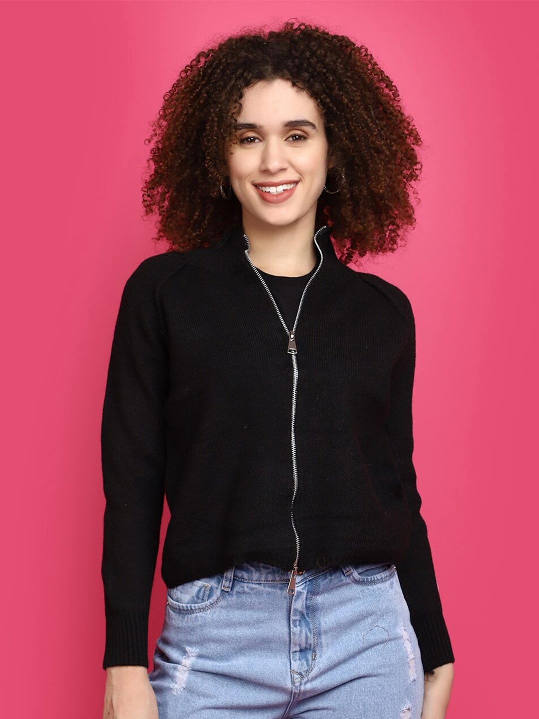 

V-Mart Mock Collar Cotton Cardigan Sweater, Black