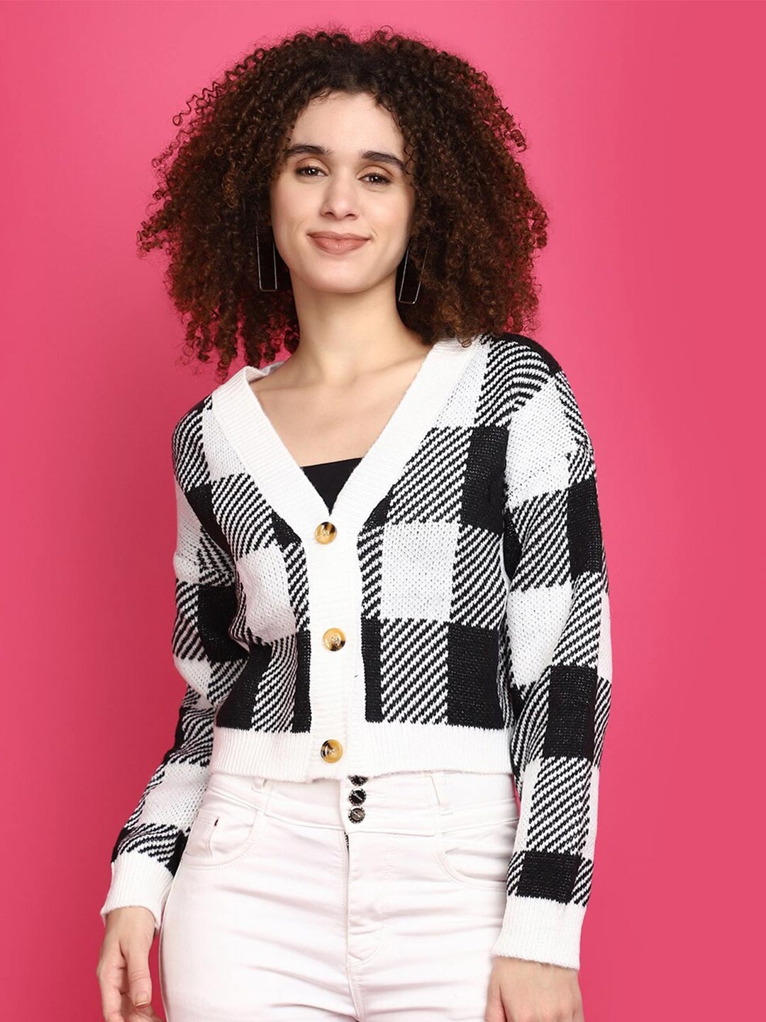 

V-Mart Checked V-Neck Front Open Sweatshirt, Black