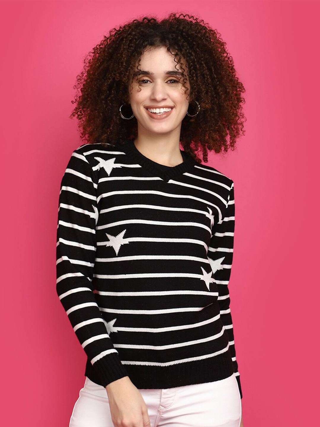 

V-Mart Striped Acrylic Pullover Sweater, Black