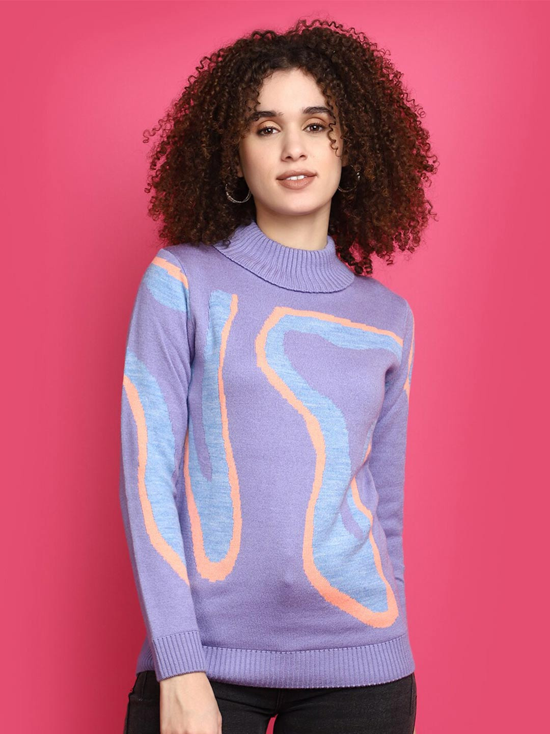 

V-Mart Self Design Acrylic High Neck Sweatershirt, Purple