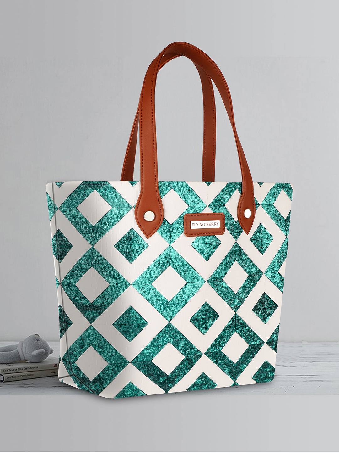 

FLYING BERRY Geometric Printed Vegan Leather Structured Tote Bag, White