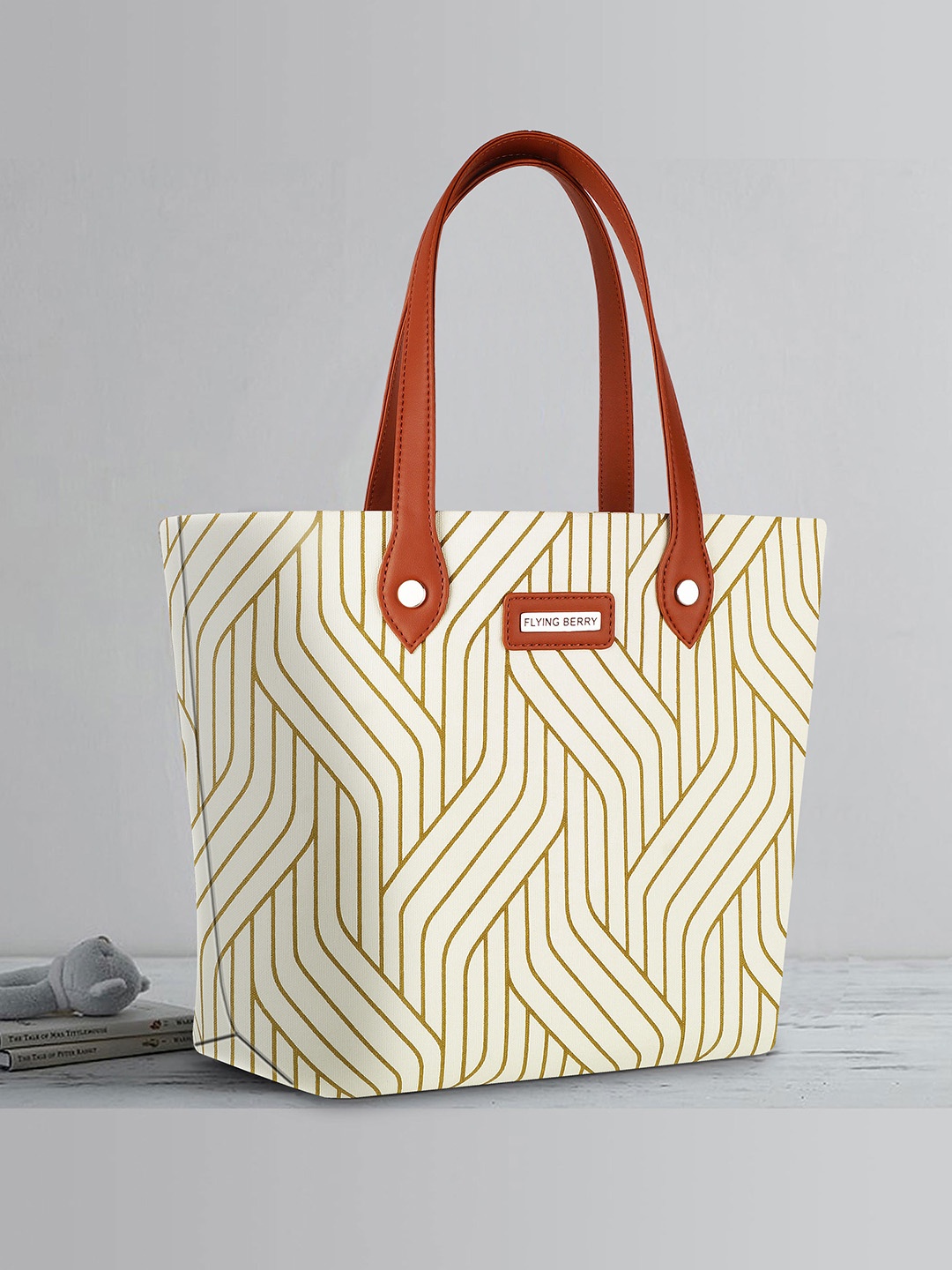 

FLYING BERRY Striped Shopper Canvas Tote Bag, Beige