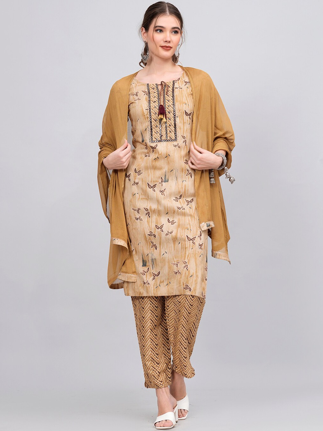 

JC4U Floral Printed Tie Up Neck Mirror Work Kurta with Trousers & Dupatta, Beige