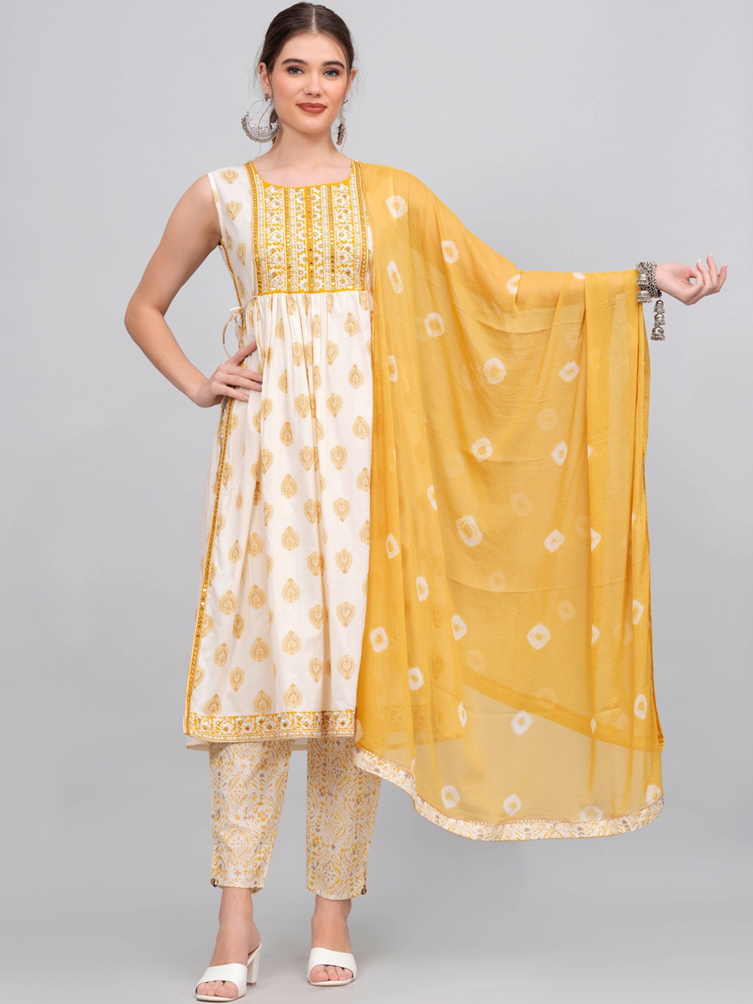 

JC4U Ethnic Motifs Printed Thread Work Pure Cotton Kurta with Trousers & Dupatta, Yellow