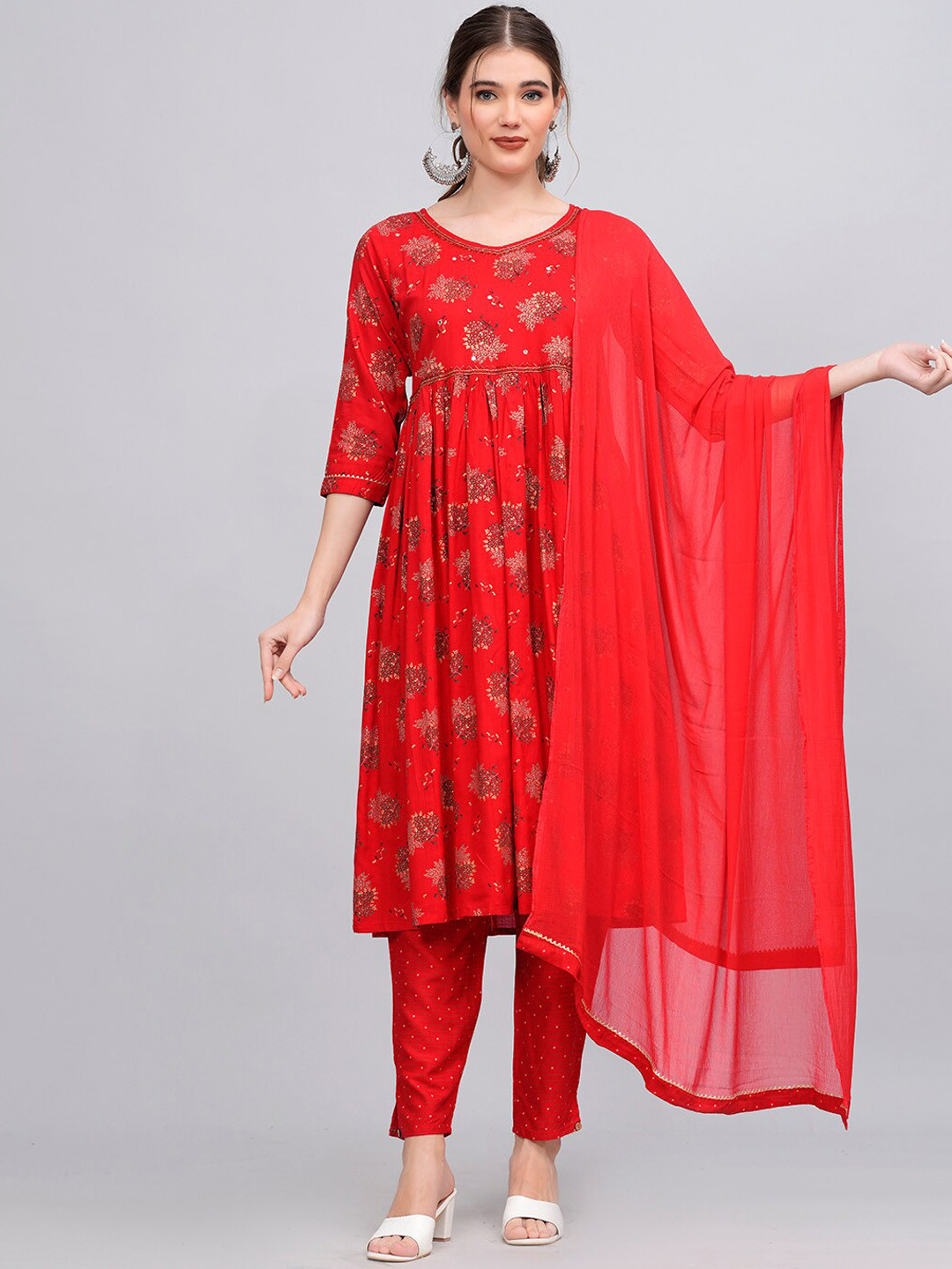 

JC4U Floral Printed Kurta & Trousers With Dupatta, Red