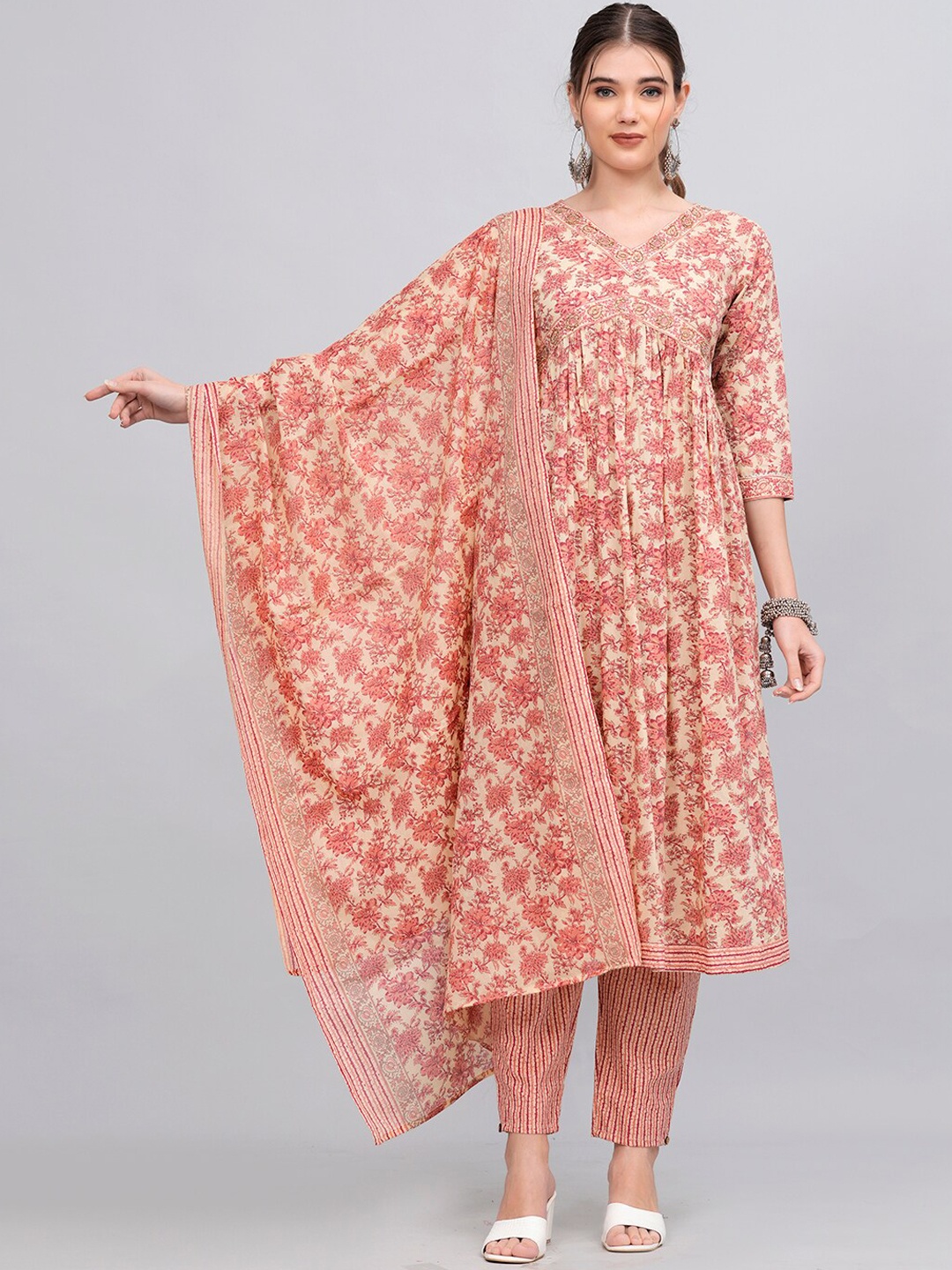 

JC4U Floral Printed V-Neck Thread Work Pure Cotton Kurta with Trousers & Dupatta, Peach