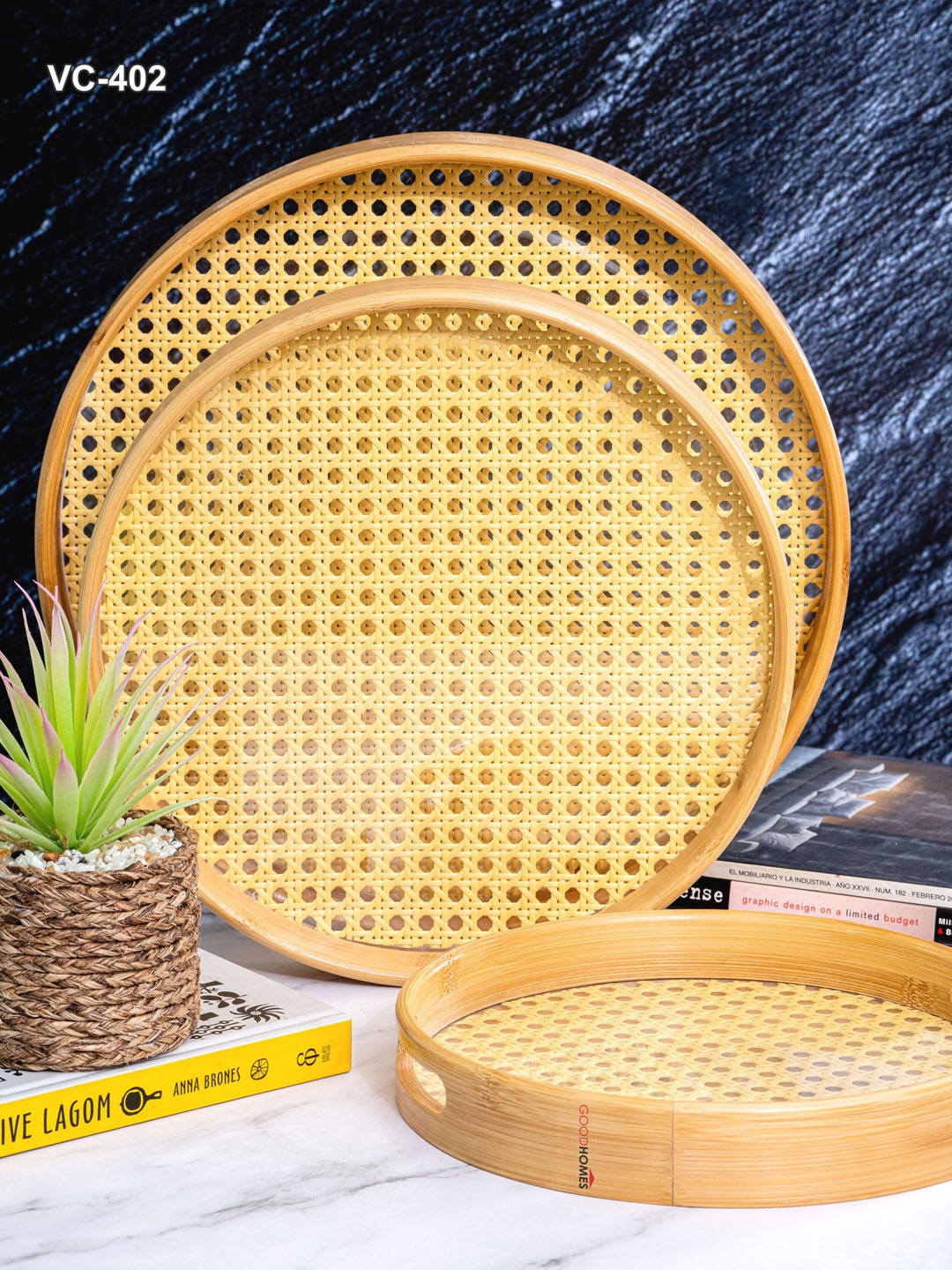 

GOODHOMES Brown 3 Pieces Wooden Round Tray Set