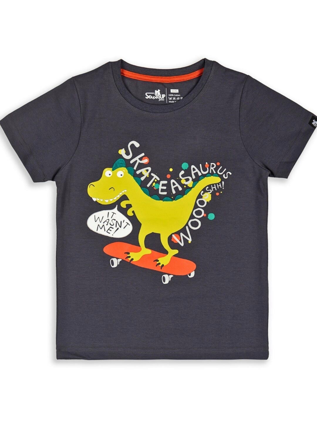 

Souped Up Fashion Boys Skatersaurus Turbulence Printed Pure Cotton T-shirt, Grey