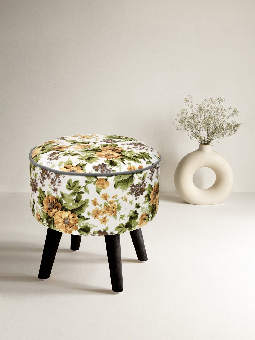 

Clasiko White Floral-Printed Wooden Stool Ottomans