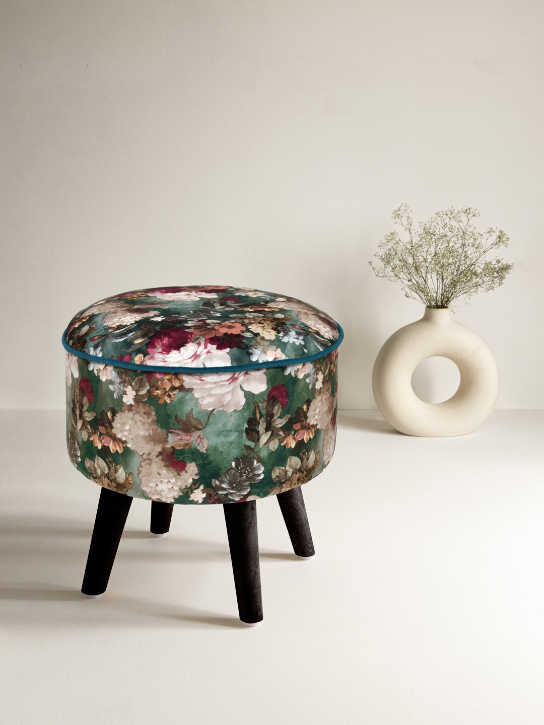 

Clasiko Green & White Floral-Printed Wooden Stool Ottomans