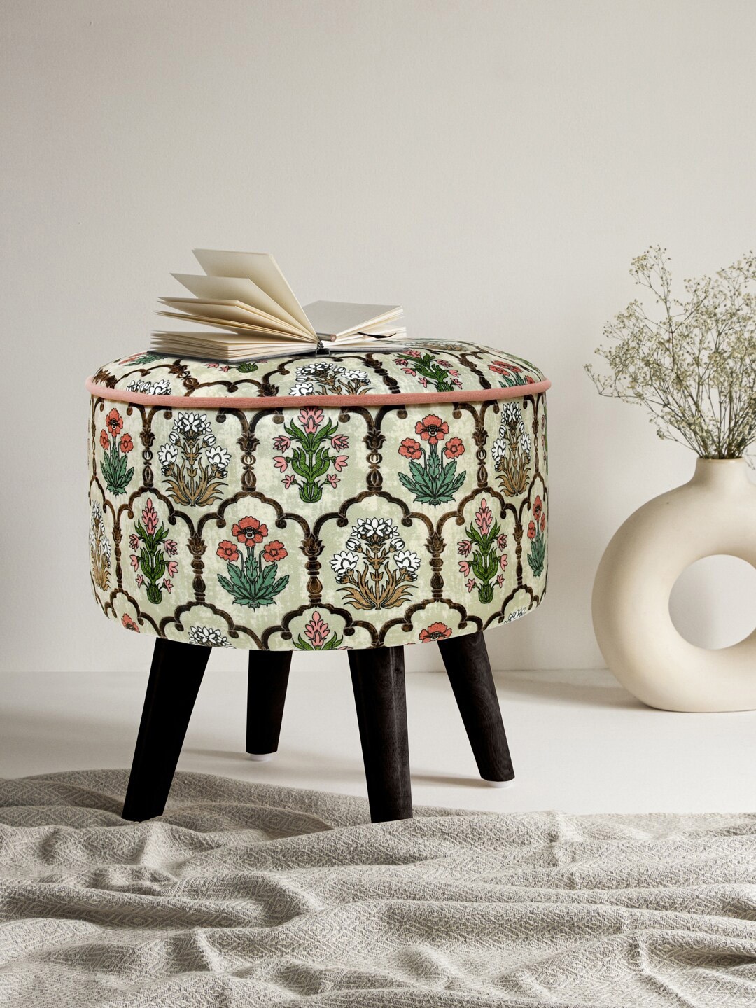 

Clasiko White Floral-Printed Wooden Stool Ottomans