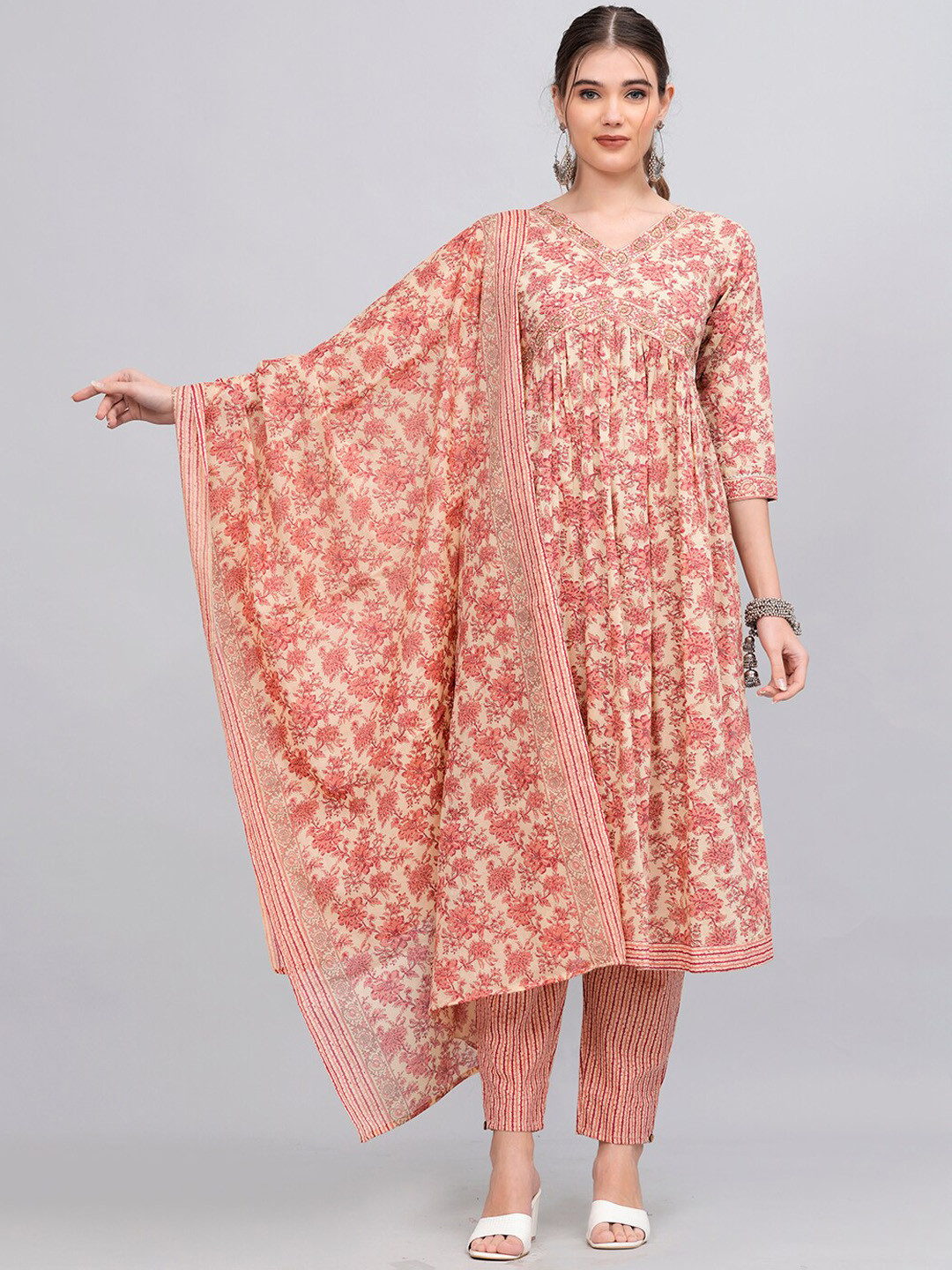 

HIGHLIGHT FASHION EXPORT Printed Thread Work Pure Cotton Kurta with Trousers With Dupatta, Peach