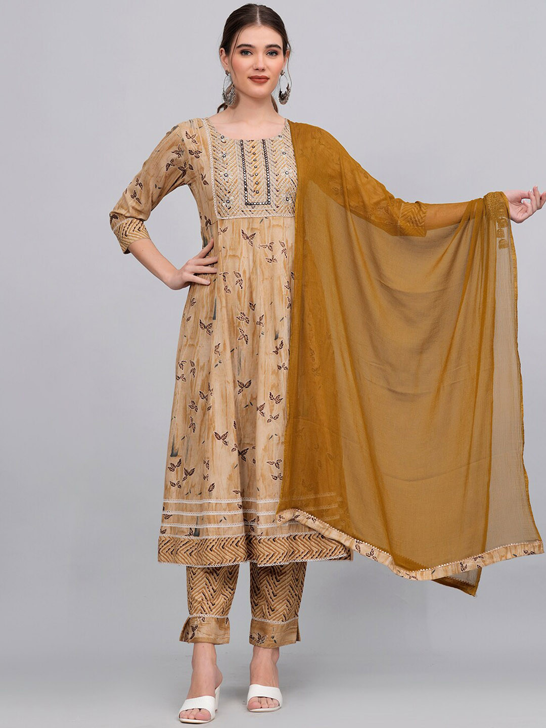 

HIGHLIGHT FASHION EXPORT Floral Printed Mirror Work Kurta with Trousers & Dupatta, Beige